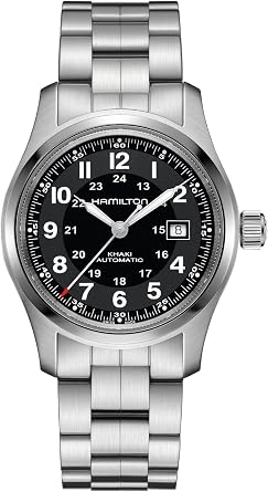 Hamilton Khaki Field Automatic Mens Watch, 42mm Stainless Steel Case, Swiss Made, Black Dial Analog Wrist Watch for Men, 100m Waterproof, Sapphire Crystal, 3-Hand Movement, Stainless Steel Strap