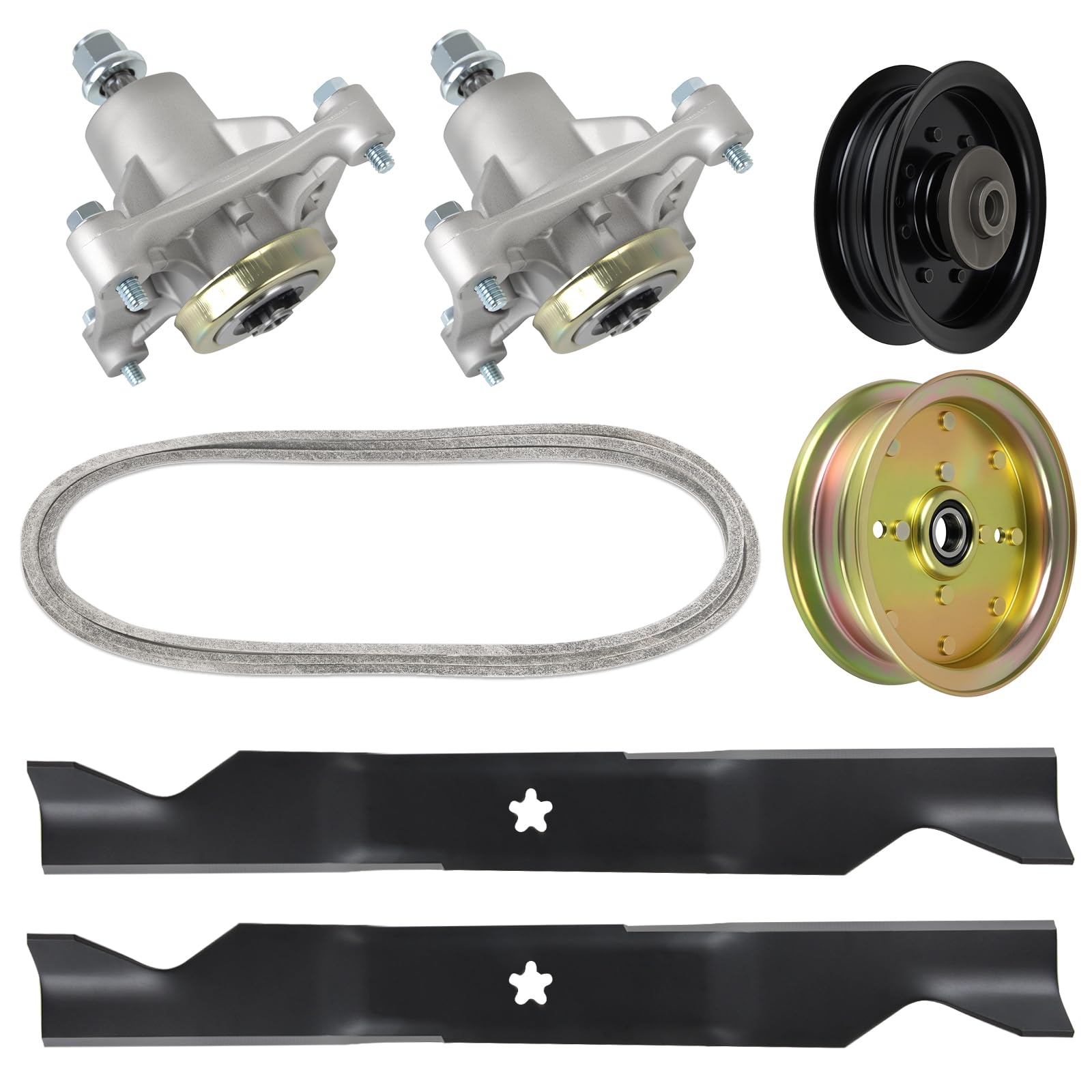 Kit de reconstrucción de cortacésped de cubierta de 46 pulgadas compatible con Hus qvarna RZ4621/RZ4623 (2010-2014), incluye 2 husillos (174356), 2 cuchillas (405380), 2 ruedas tensoras