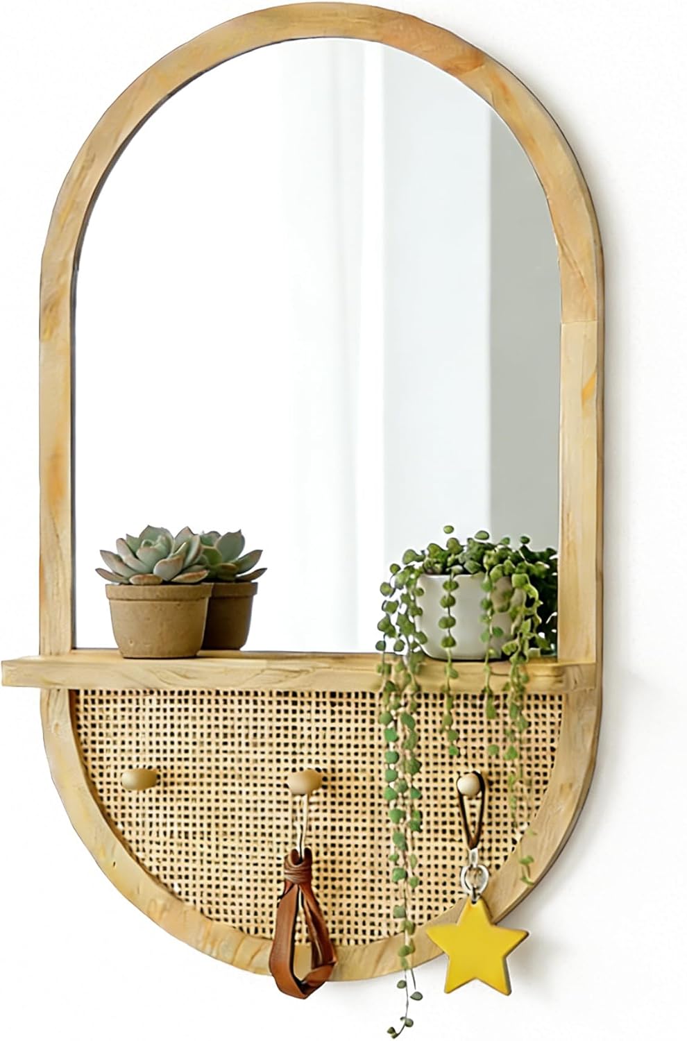 Cloud Space 30x18 Inch Arched Wall Mirror with Shelf and Hooks, Natural Wood and Handmade Rattan, Boho Style Decorative Mirror for Entryway, Bathroom, Bedroom