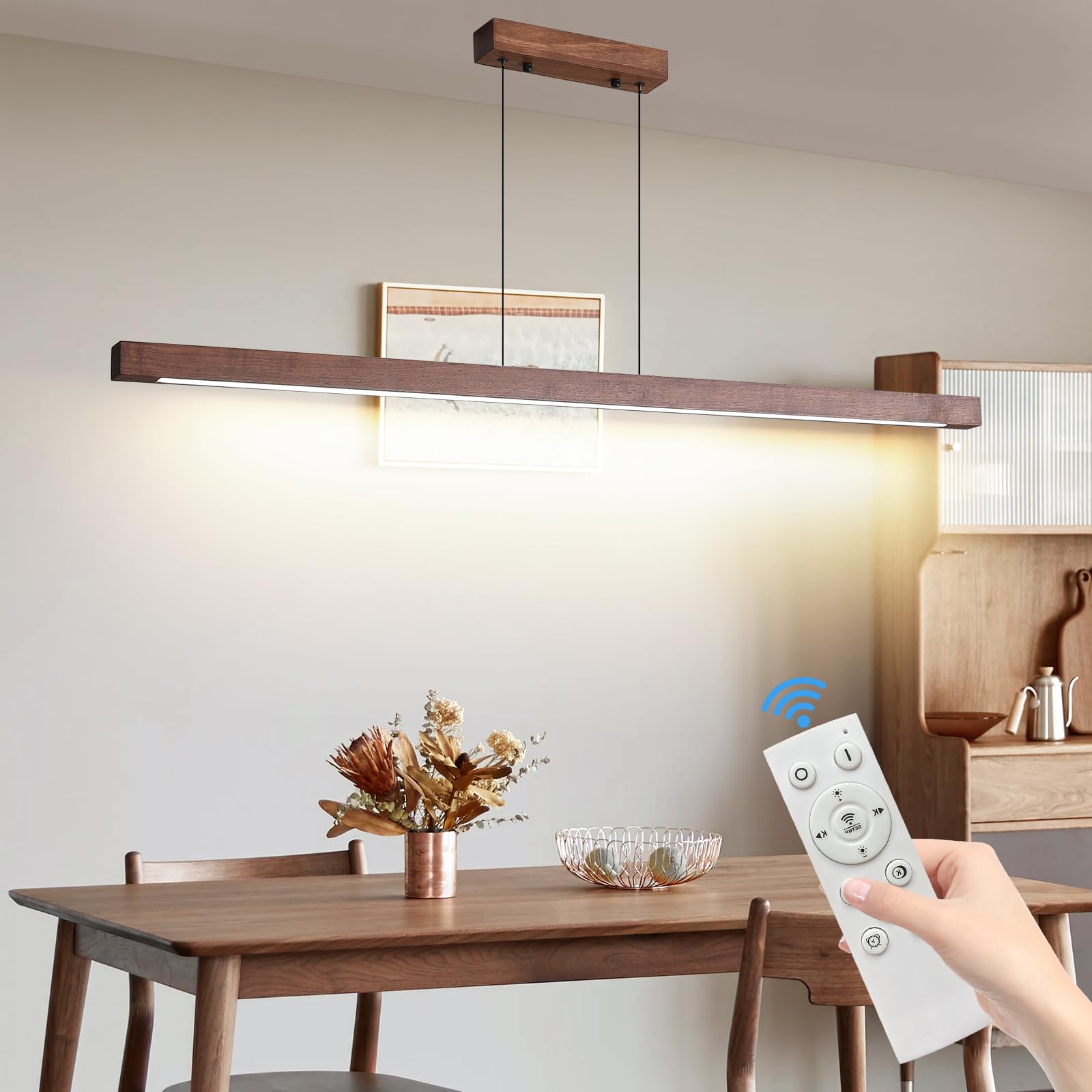 Mikeru 120CM Lampe Suspendue LED pour Salle à Manger, 40W Lampe Suspendue Linéaire en Noyer Dimmable avec Télécommande, Réglage de la Température de Couleur de 10% à 100%, Pour Cuisine, Salle à Manger