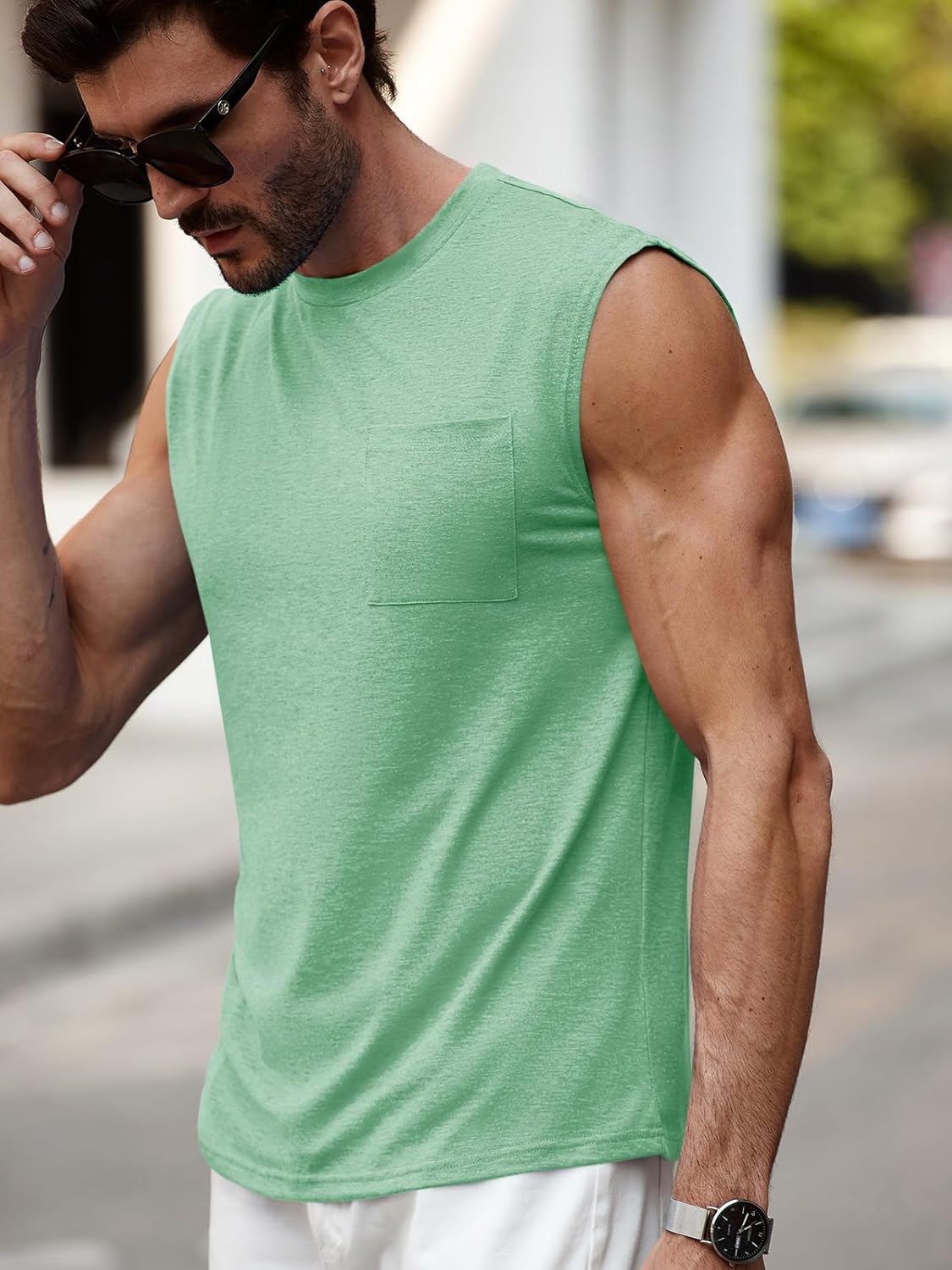 Runcati Mens Sleeveless Tank Tops Workout Cut Off Muscle Shirts Gym Casual Beach Summer Tee with Pocket - Image 4