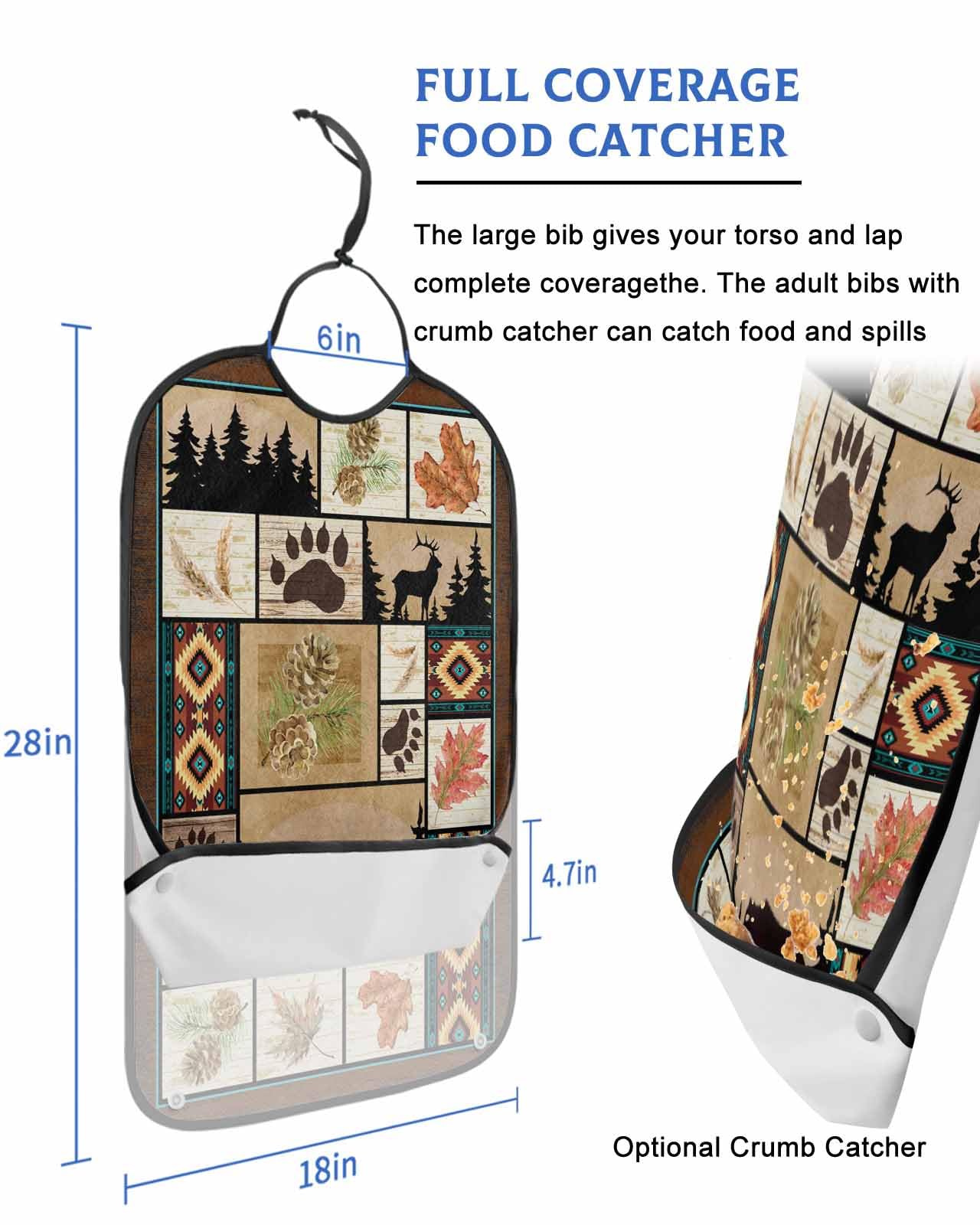 LEOKOTI Boho Brown Adult Bibs for Eating, Waterproof Bibs with Food Catcher & Adjustable Snap Closure, Southwestern Farm Animals Vintage Plaid Washable Clothing Protectors Adult Bibs for Elderly