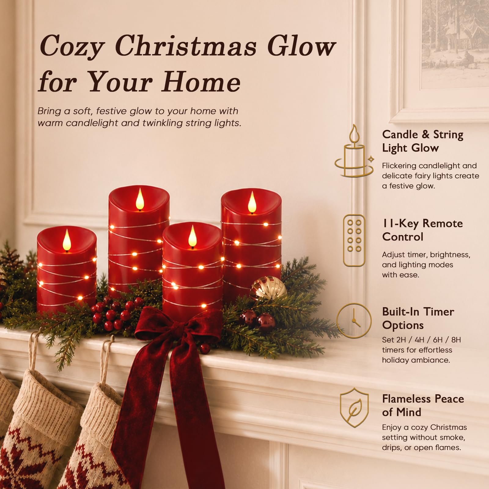 Homemory Candele rosse senza fiamma con luci a corda, confezione da 3 candele a LED in vera cera con stoppini 3D, candele a batteria con telecomando a 11 tasti e timer, per decorazioni natalizie, 7,6
