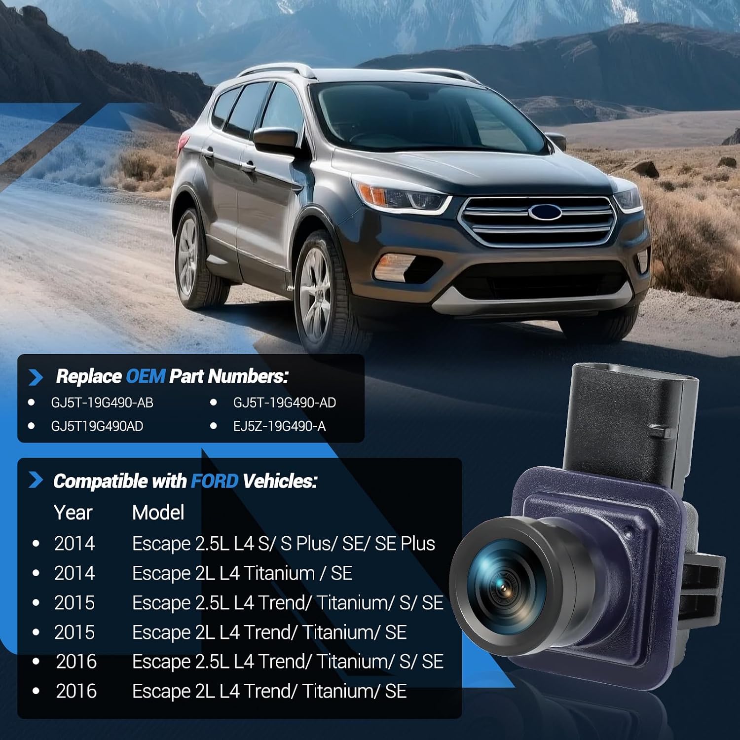 Rear View Backup Camera Compatible with Ford Escape 2014 2015 2016 Parking Assist Camera 170°Ultra Wide Angle HD Night Vision Waterproof EJ5Z-19G490-A GJ5T19G490AD
