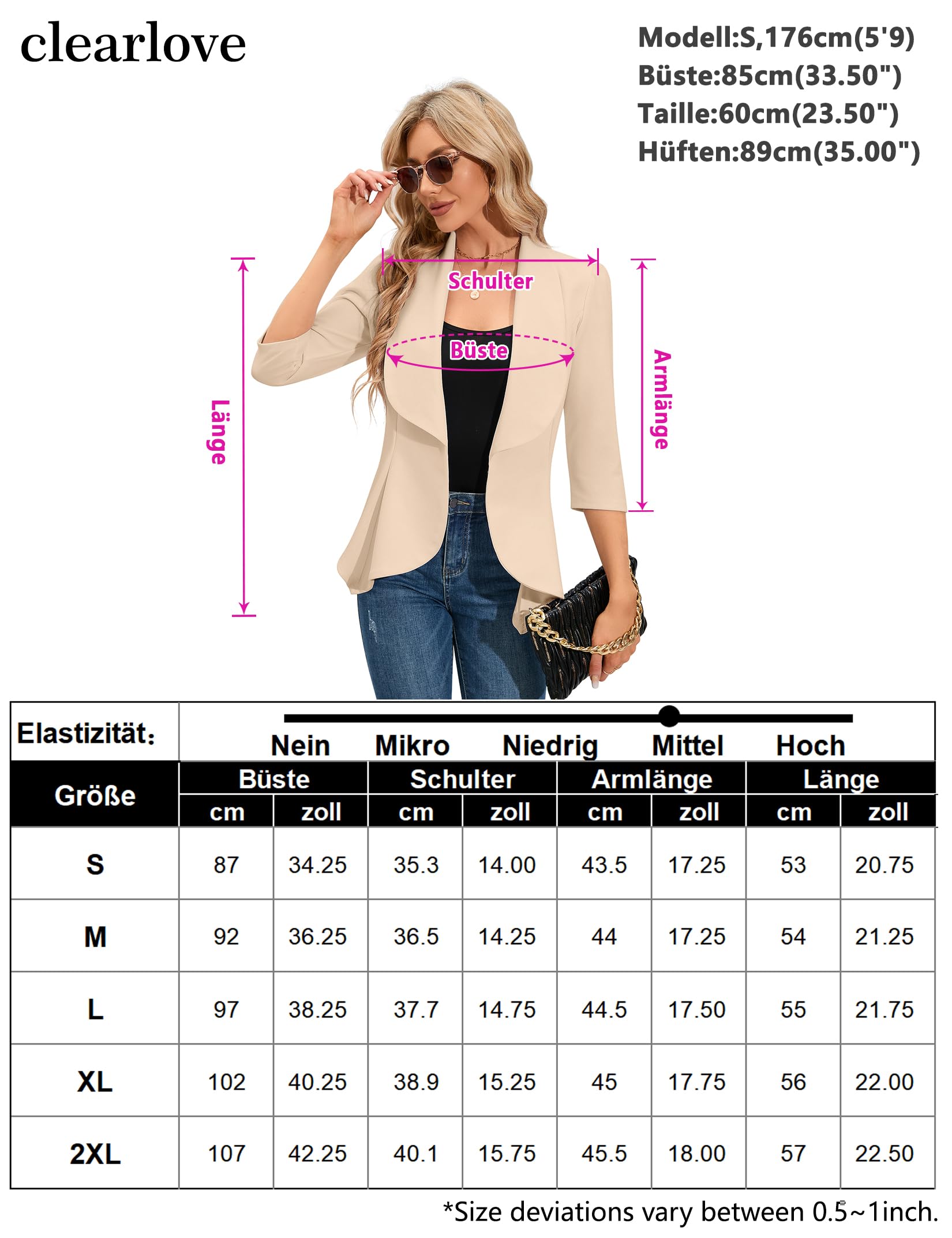 Clearlove Blazer élégant pour femme - Manches 3/4 - Coupe ajustée - Veste de printemps