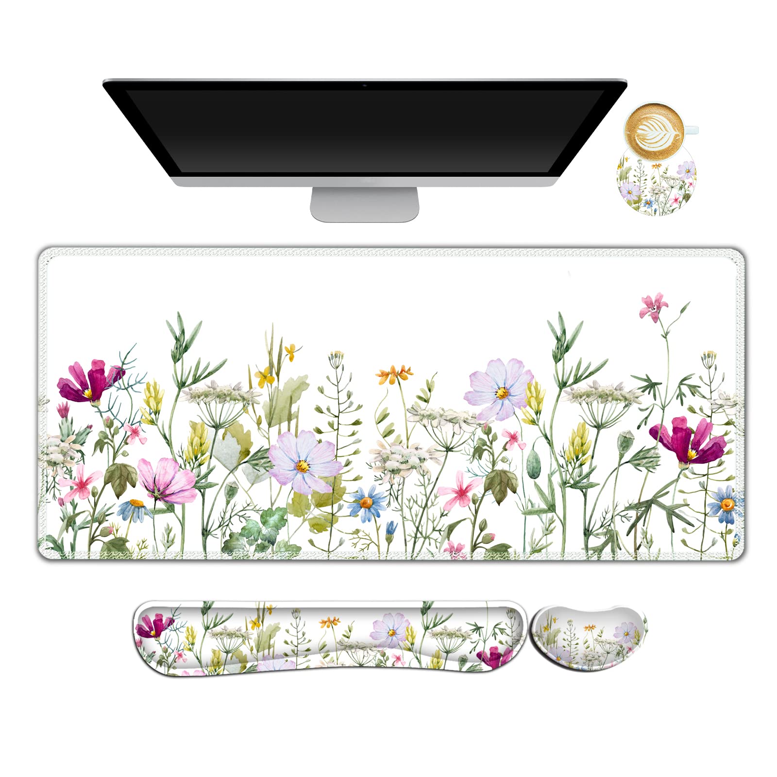 ARTSO Gaming Mouse Pad Wrist Support Set, XXL Large Desk Mat Mousepad + Keyboard Wrist Support+ Mouse Wrist Rest+Coaster 4in1 Ergonomic, Memory Foam