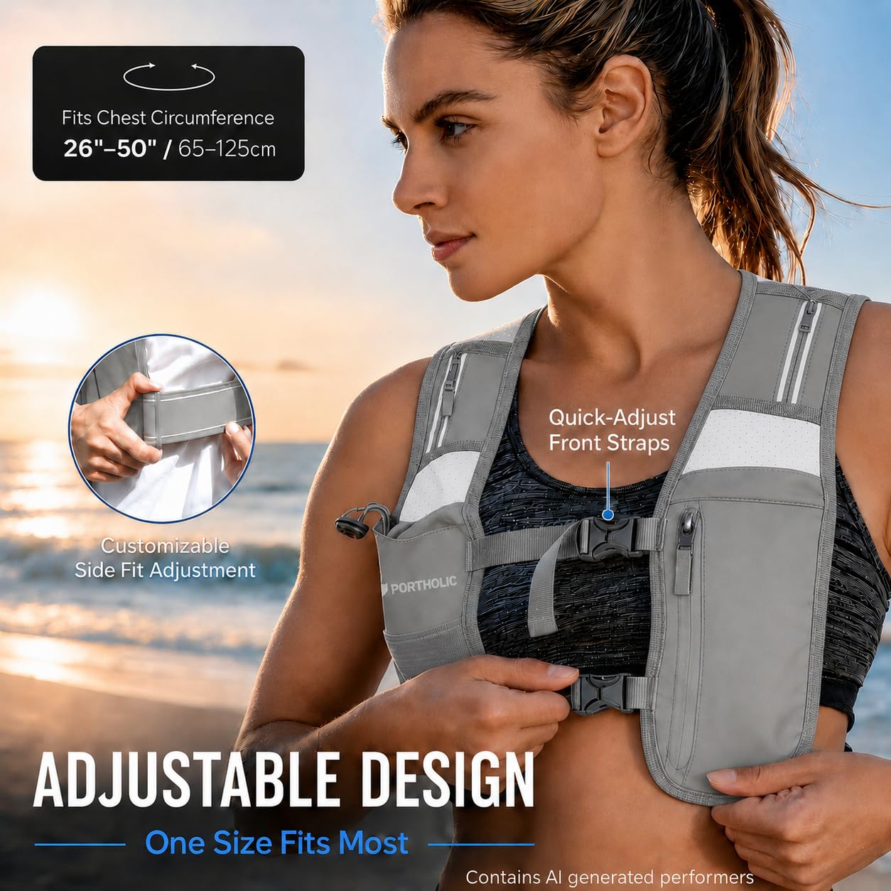 PORTHOLIC Chaleco de Hidratación para Correr Hombre y Mujer con Botella 470ml/17oz | Chaleco Reflectante Ajustable | 6 Bolsillos | Ligero y Transpirable | para Running, Senderismo, Trail Running