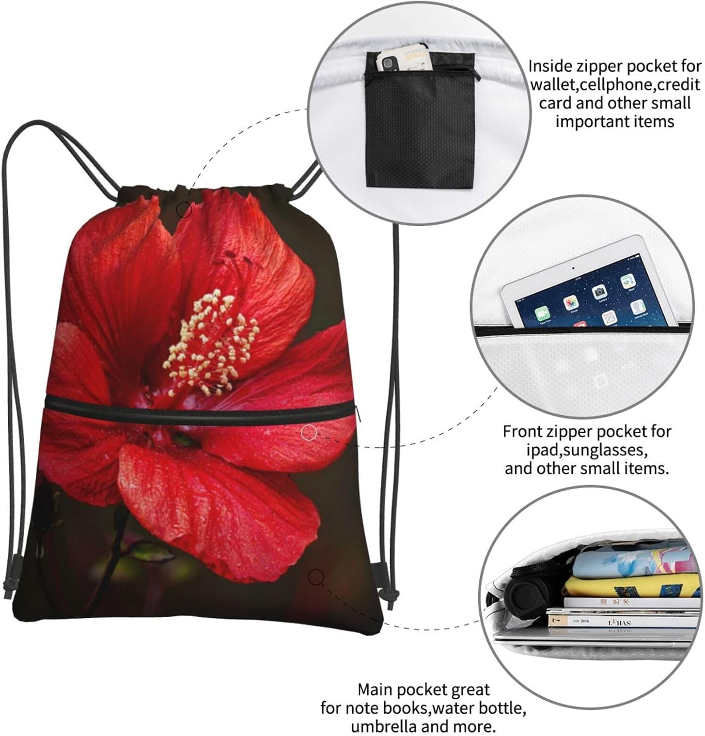 Drawstring Backpack Sports Gym Bags Red Hibiscus Drawstring Bags for Men Women Beach Bag String Bag