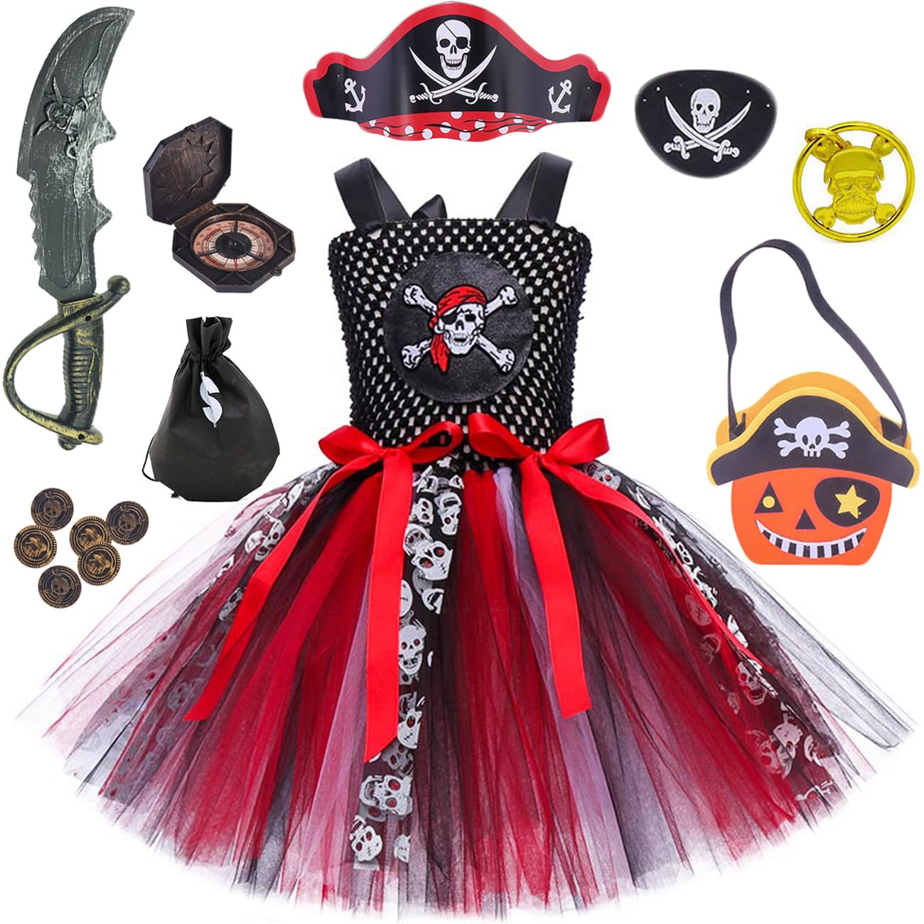 Windskids Disfraz de Pirata Niña Cosplay Princesa Pirata Falda Tutu con 8 Accesorios Pirata Gorro Parche Ojo Brújula Moneda Pendiente Bolsa Halloween Carnaval Fiesta Costume para Niños Talla 2-12 años