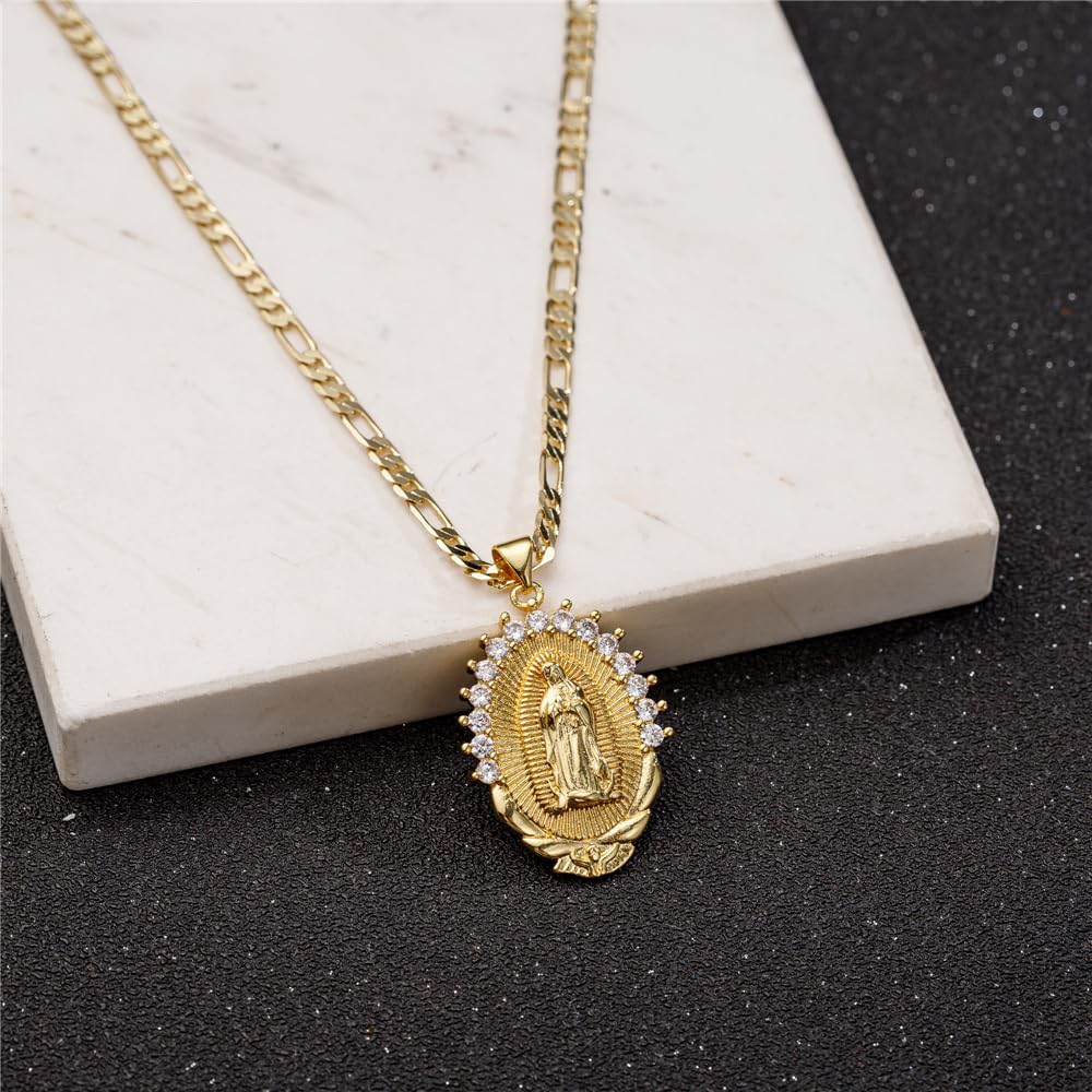kelistom 18K Gold Plated Guadalupe Virgin Mary Necklace for Women Men Teens, Oval Zircon Inlay Virgin Mary Pendant with Stainless Steel Figaro Chain Necklace - Image 3