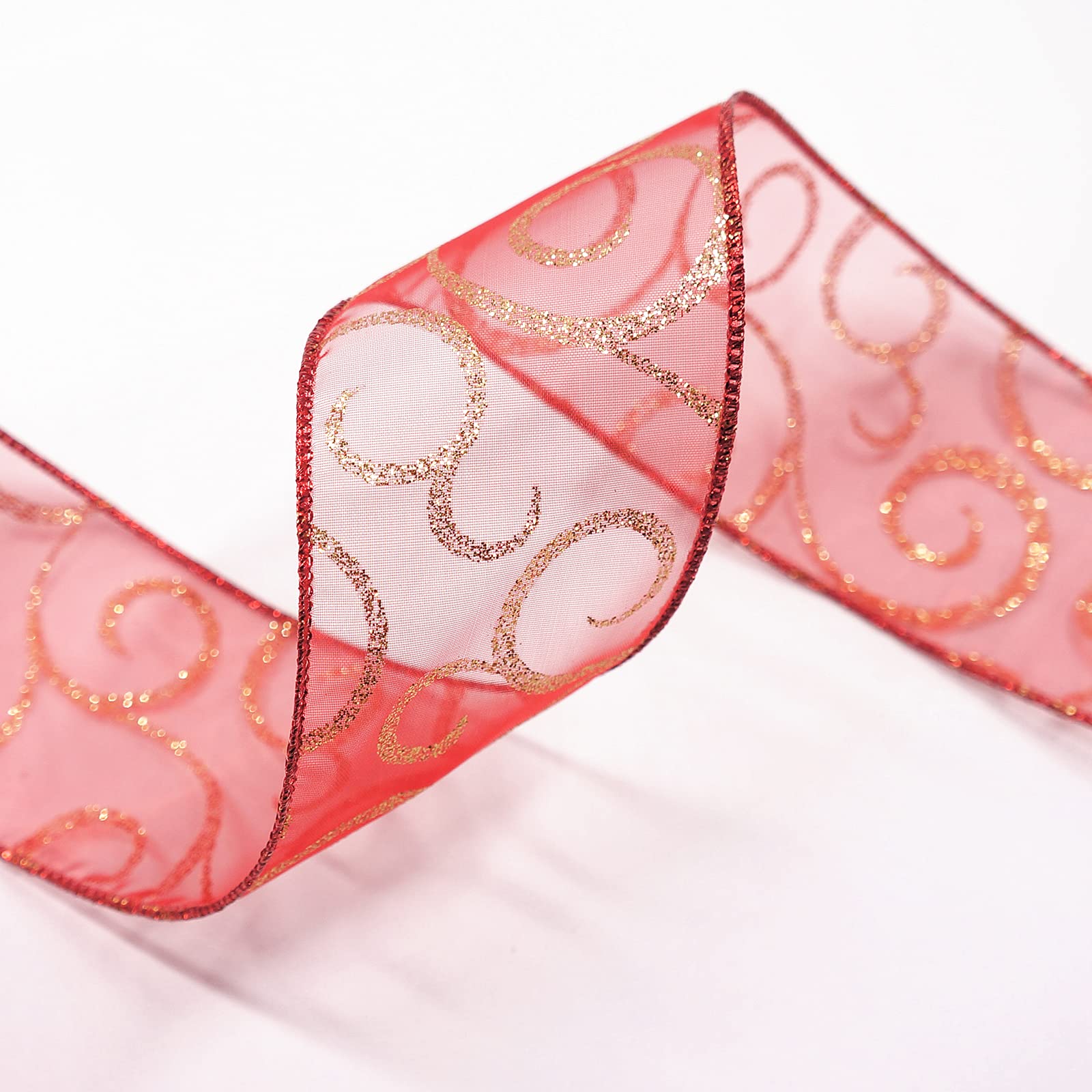 Rotes Organzaband mit goldfarbenem Glitzer-Wirbel, Drahtband, 6,3 cm x 45,7 m