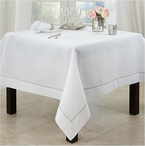 Miniatura 6 de Occasion Gallery Blanco 100  poliéster mantel de comedor o cocina bordado con borde dorado 65 x 140 pulgadas rectangular 1 pieza