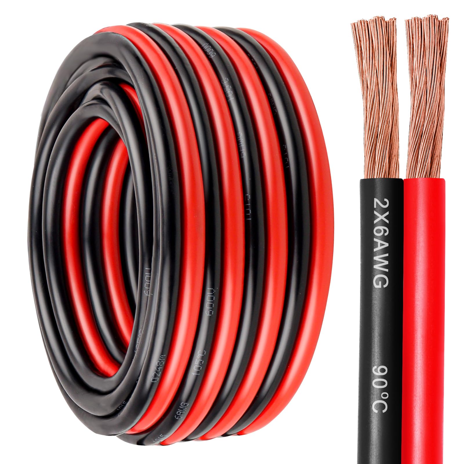 Cable De Calibre 8 (50 Pies Cada Uno, Rojo/negro) De Aluminio Revestido De Cobre CCA - Cable Automotriz Primario, Amplificador De Automóvil Y Cable De Tierra, 20 Conectores De Terminal De
