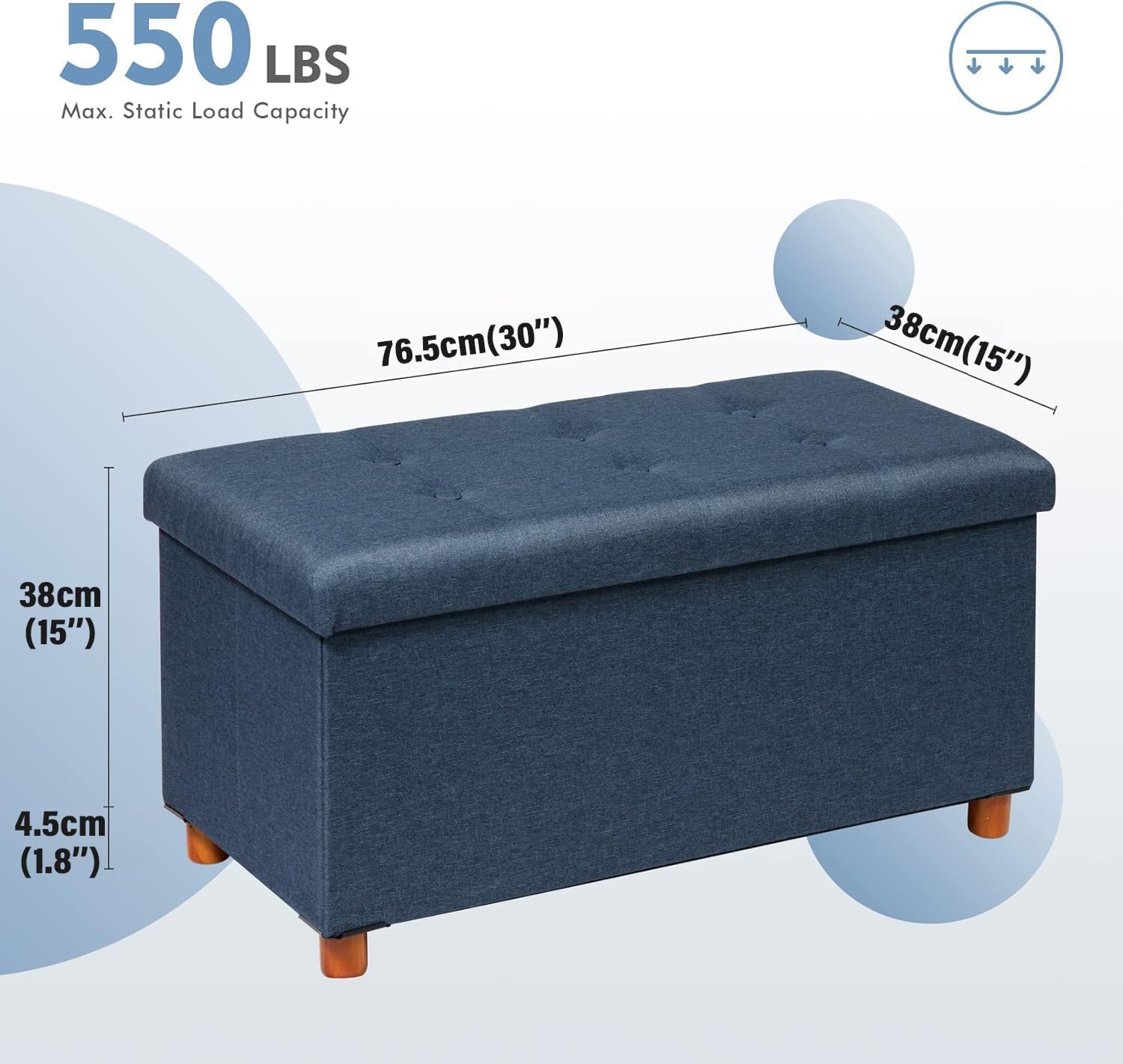 PINPLUS Linen Coffee Table Ottoman with Tray, Large Storage Bench with Wooden Legs, Chest Foot Stools, Ottomans for Living Room Bedroom, Blue, 30" x 15" x 15"
