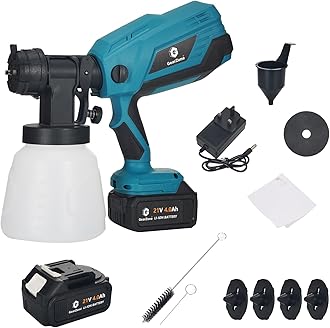 Cordless Paint Sprayer with 2 Batteries 2 * 21V 4.0Ah Cordless Spray Paint Machine 5 Nozzles 3 Patterns 1000ml Battery Powered Paint Sprayer High Pressure Electric for Home Furniture (Blue)