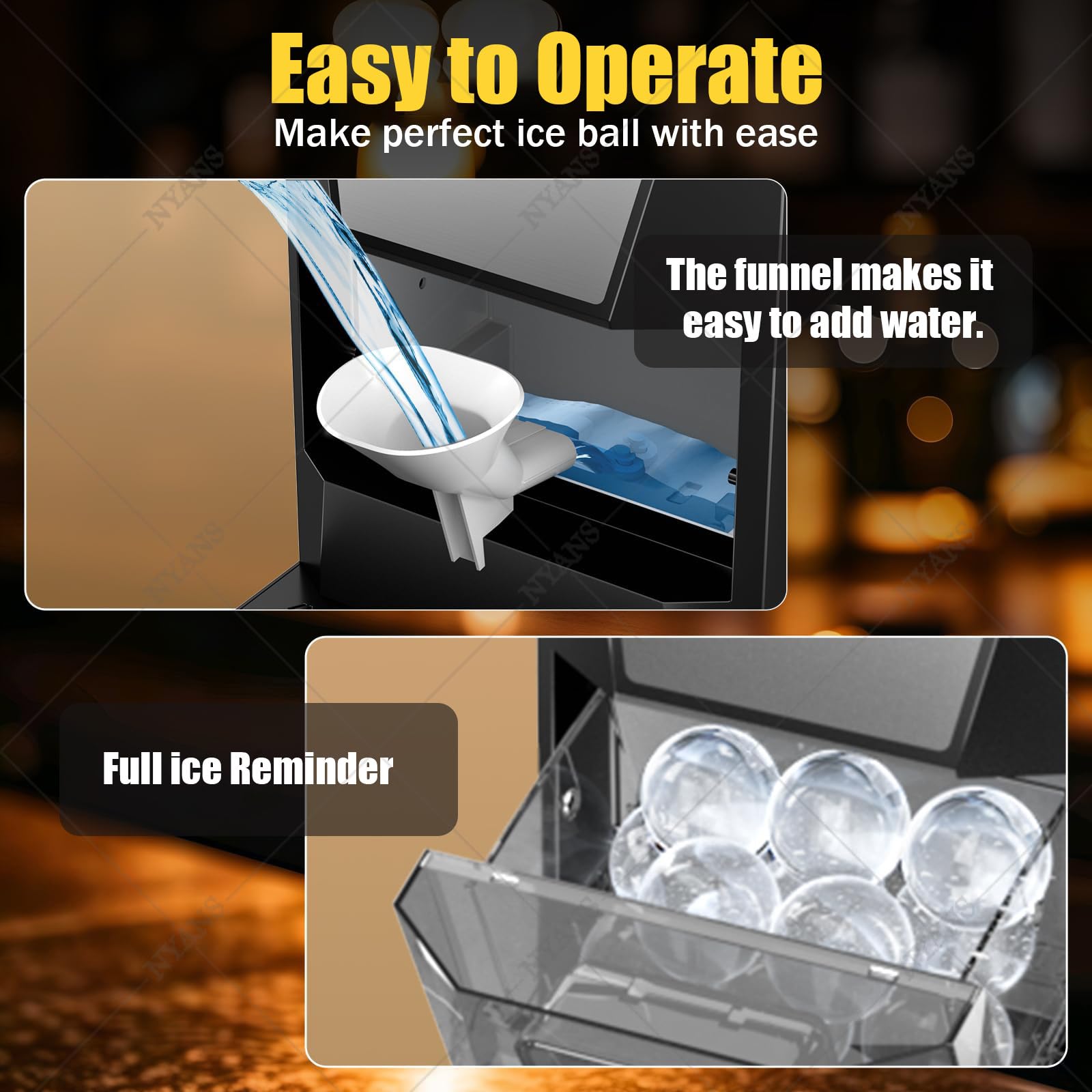 NYANS Máquina para Hacer Bolas De Hielo Transparentes De 2 Pulgadas: 2 Bolas De Hielo Listas En 40-60 Minutos, Autolimpiable con Pinzas para Cócteles, Whisky y Bourbon. 42 Piezas/Día