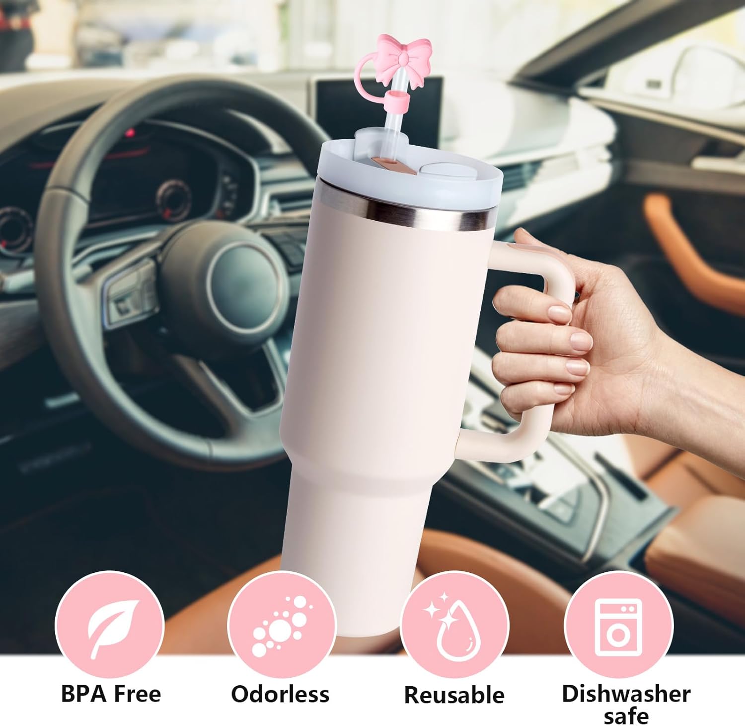 6PCS Bow Straw Toppers, Cute Straws Covers for Stanley 30&40 Oz Tumbler with Handle, 10mm Dust-Proof Drinking Straw Dispensers Straw Topper Cap for Girls Kids (Black Bow)