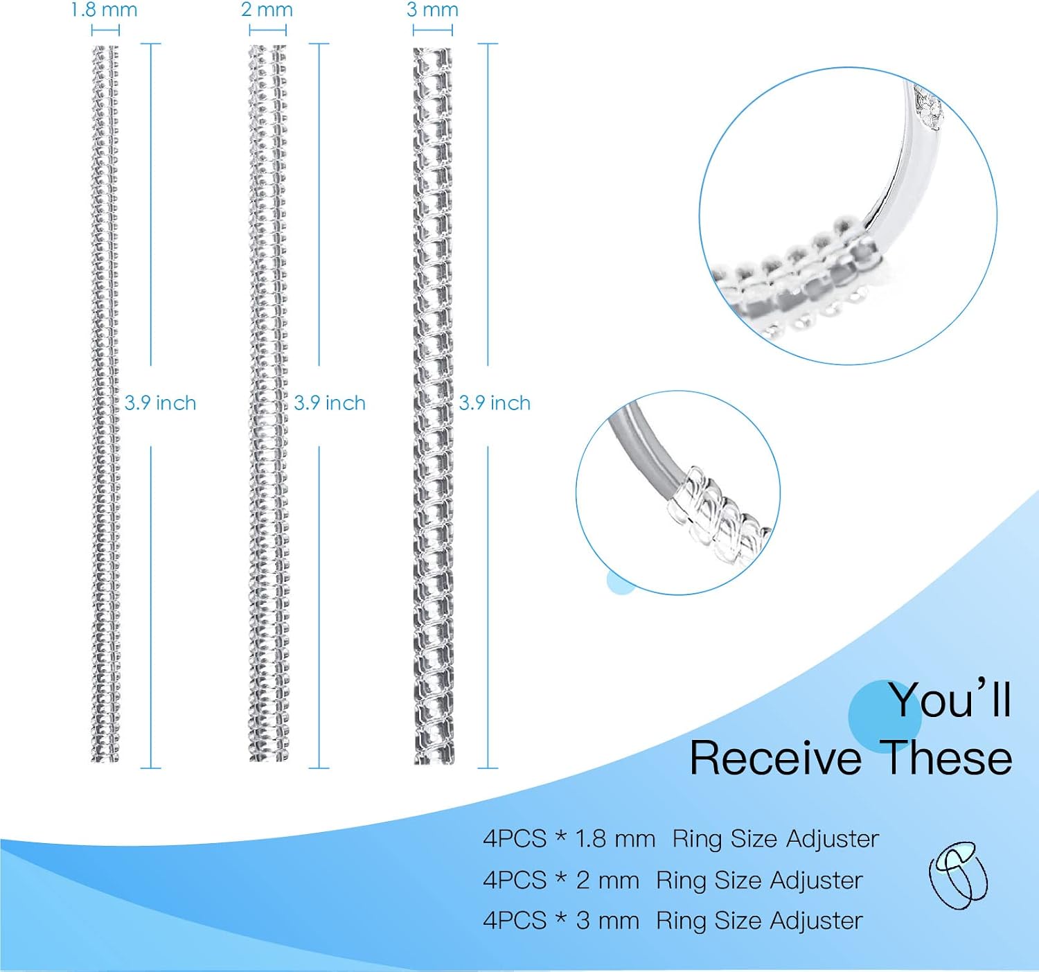 TAHEXUN Ring Size Adjuster for Loose Rings - 12-Pack Tightener Set Include 3 Sizes for Adjusting Jewelry Size and Solving Problems Easily