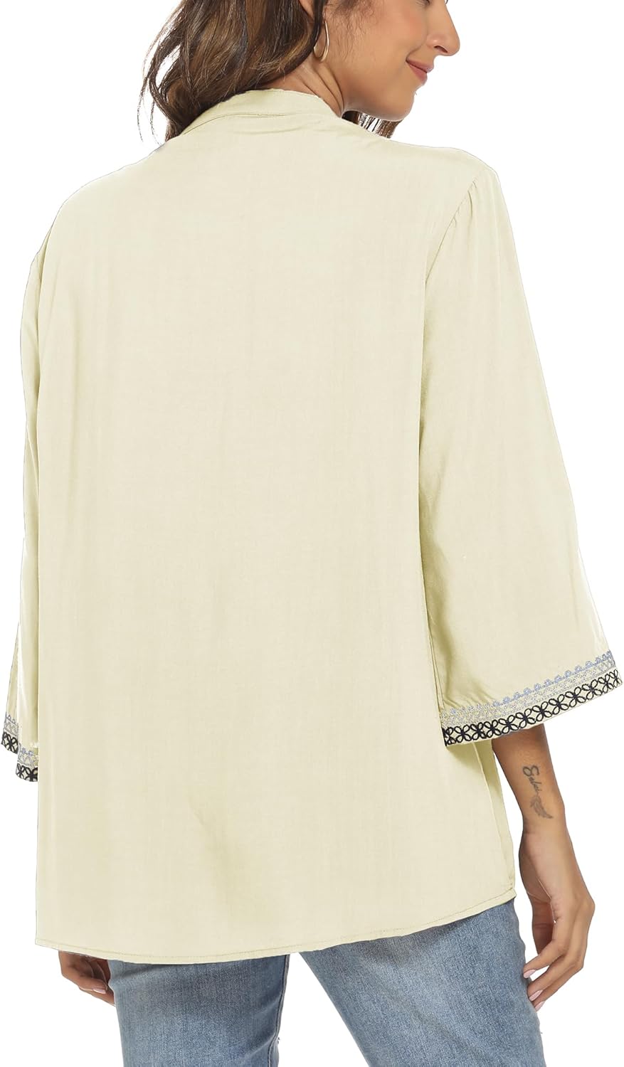 Mexican Embroidered Shirts for Women Bohemian Tops Peasant 3/4 Sleeve V Neck Shirt Tunic Blouses - Image 2