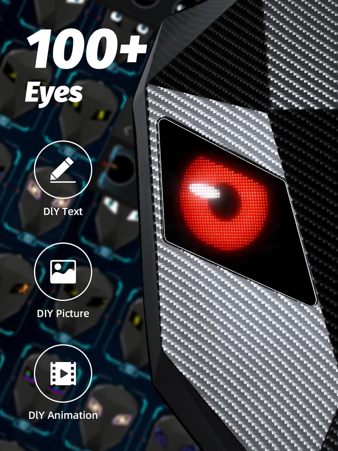 Gelrova Knight Motorcycle Backpack with LED Eyes, App Control Waterproof Hard Case Motorbike Bag, DIY Laptop Backpack for Riding, Cycling, Travel, Large Size 19in, Carbon fibre texture