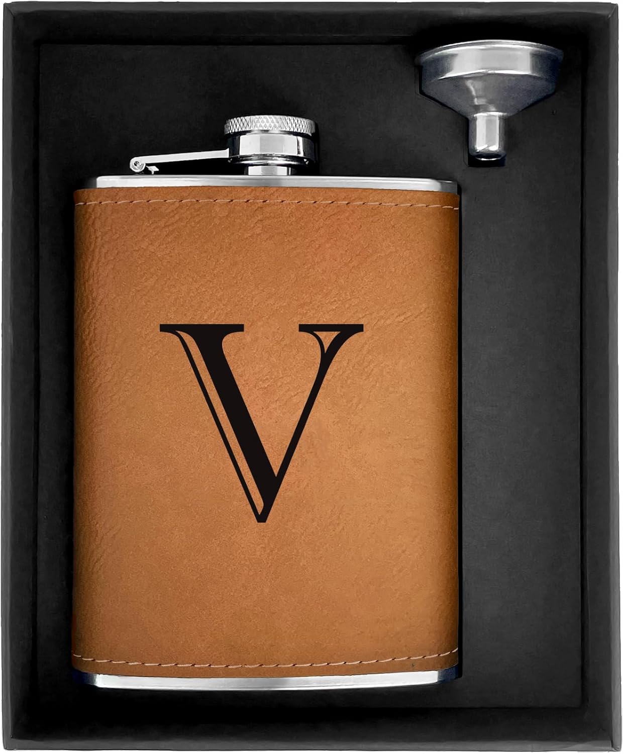 CARAKNOTS Hip Flasks for Liquor for Men Leather Drinking Whiskey Flask with Initials Engraved Stainless Steel with Funnel 8 OZ Personalized Christmas Birthday Gifts for Dad Him Letter V
