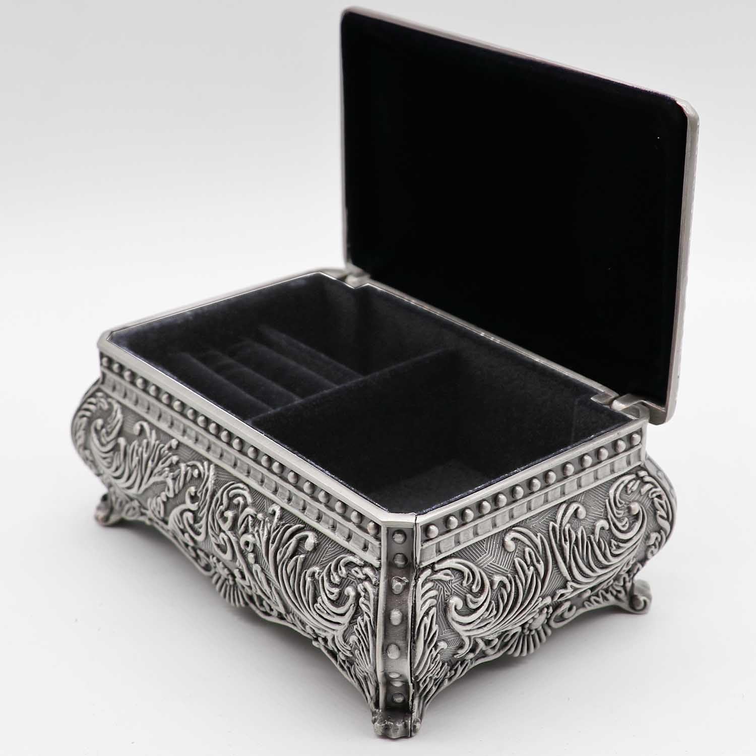 Rectangle Antique Metal Jewelry Box Trinket Storage Organizer Gift Box Chest Ring Case with Floral Engraved for Girls Ladies Women, Medium