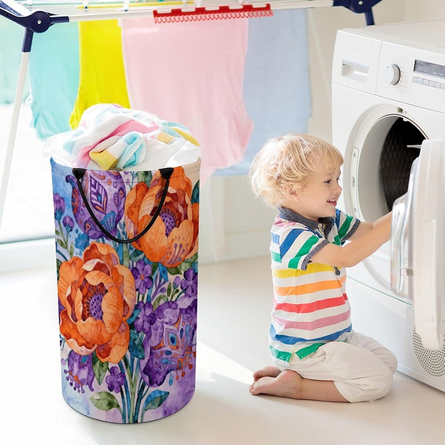 Floral Orange Purple Laundry Hamper with Handles Waterproof Collapsible Laundry Basket Large Lightweight Round Dirty Clothes Hamper for Home Dorm Bathroom Decor