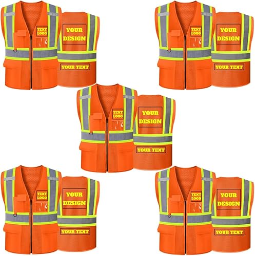 Miniatura 23 de Chaleco de seguridad reflectante de malla con logotipo personalizado Clase 2 con 5 bolsillos y cremallera