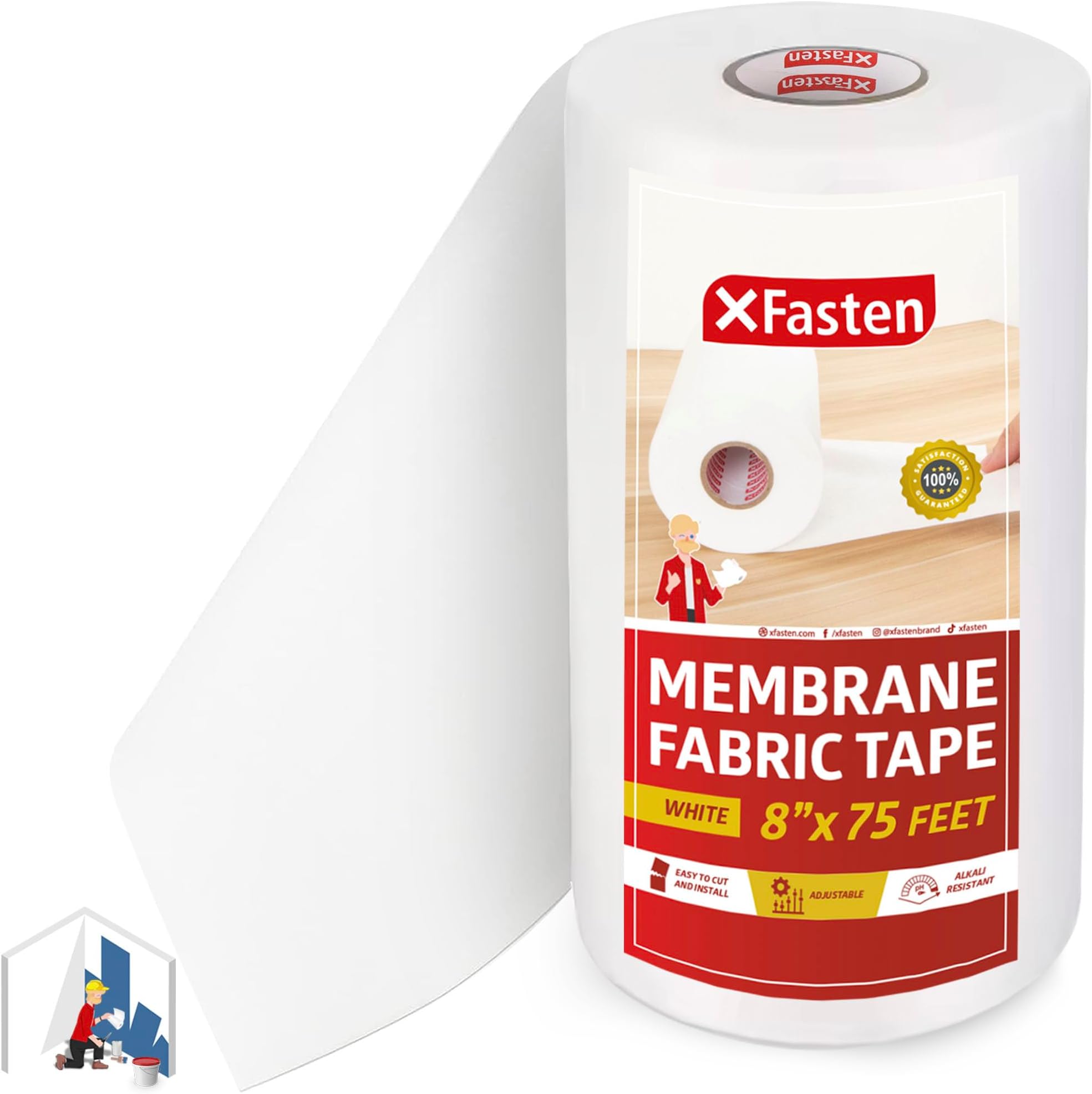 XFasten Fiberglass Waterproofing Anti-Fracture Membrane Fabric Sheet, 8-Inch by 75-Foot, Water Barrier Mesh Tape Roll for Shower Walls and Tiles