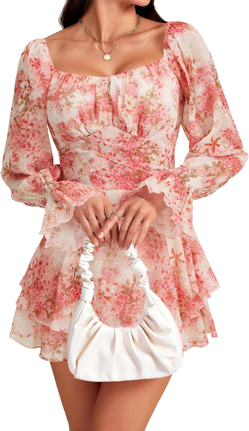 LYANER Women's Floral Print Off Shoulder Long Sleeve Ruffle Hem Romper Short Jumpsuit - Image 5