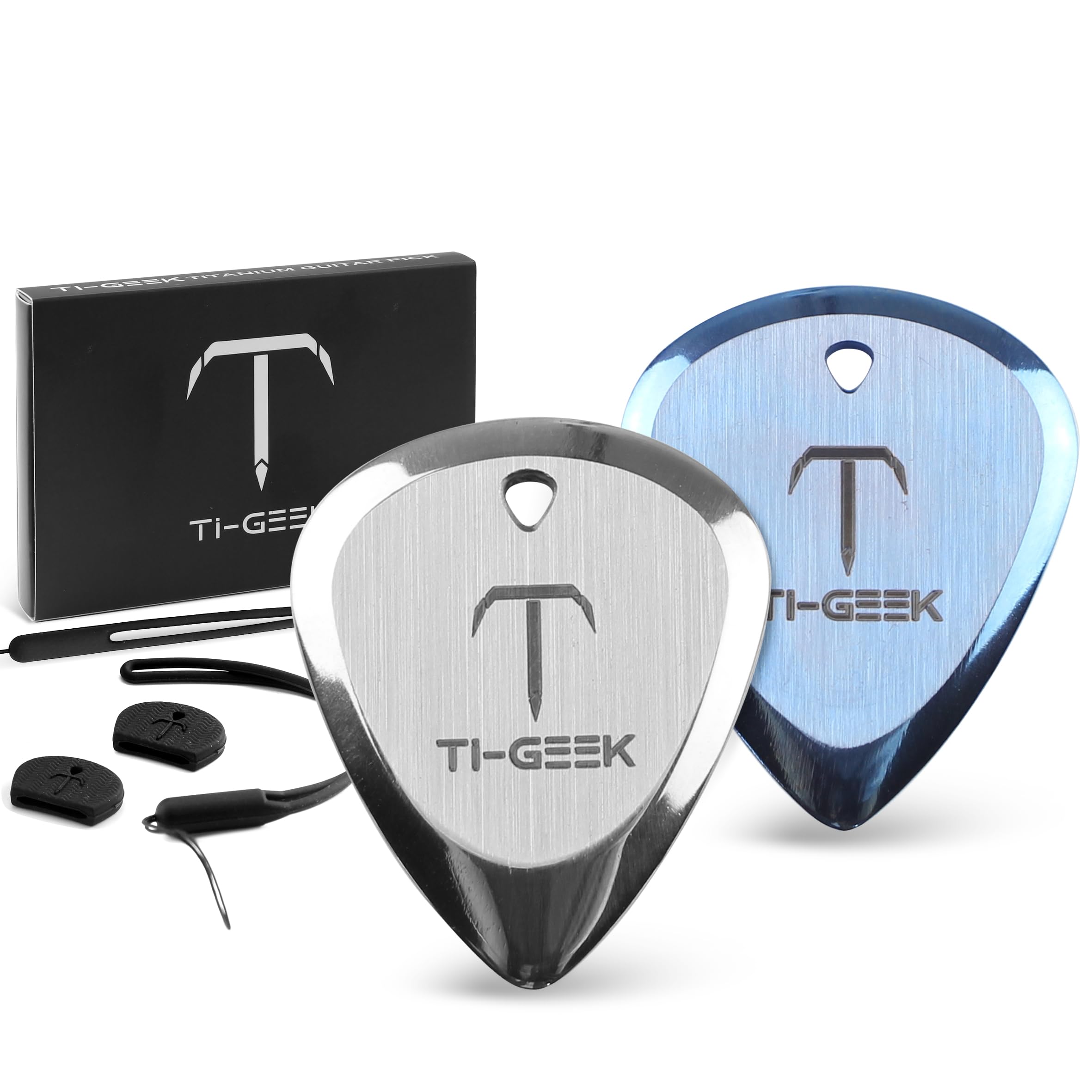 Ti-Geek Premium Titan-Gitarrenplektrum 2,8 mm Dicke, Neptunnus Blau & Metallisch Silber für Metallica, Bass, E-Gitarre mit rutschfestem Griff, Armband, lebenslange Haltbarkeit – Perfekt für