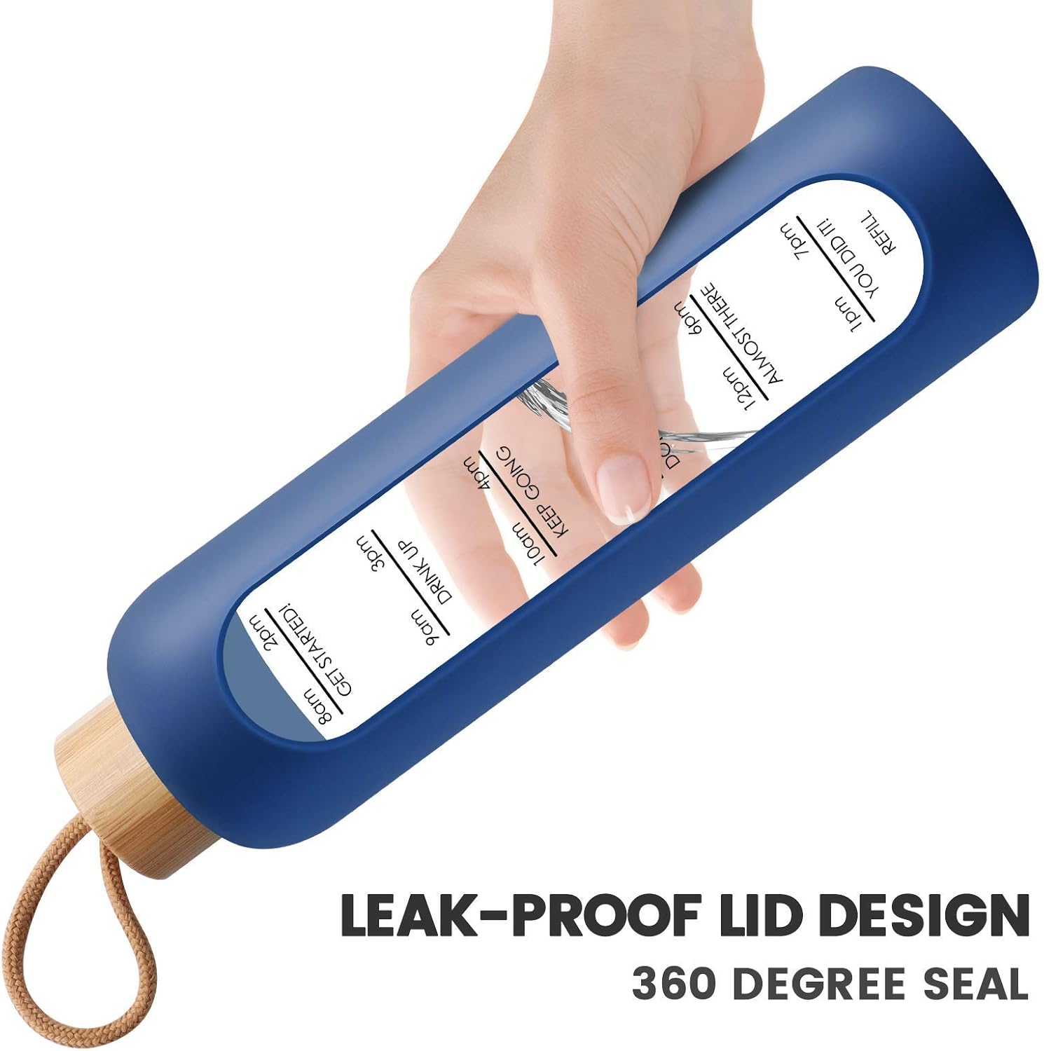 PROBTTL 32 Oz Borosilicate Glass Water Bottle with Time Marker Reminder Quotes, 1 Liter Leak Proof Reusable BPA Free Motivational Water Bottles with Silicone Sleeve and Bamboo Lid (Navy Blue) - Image 4