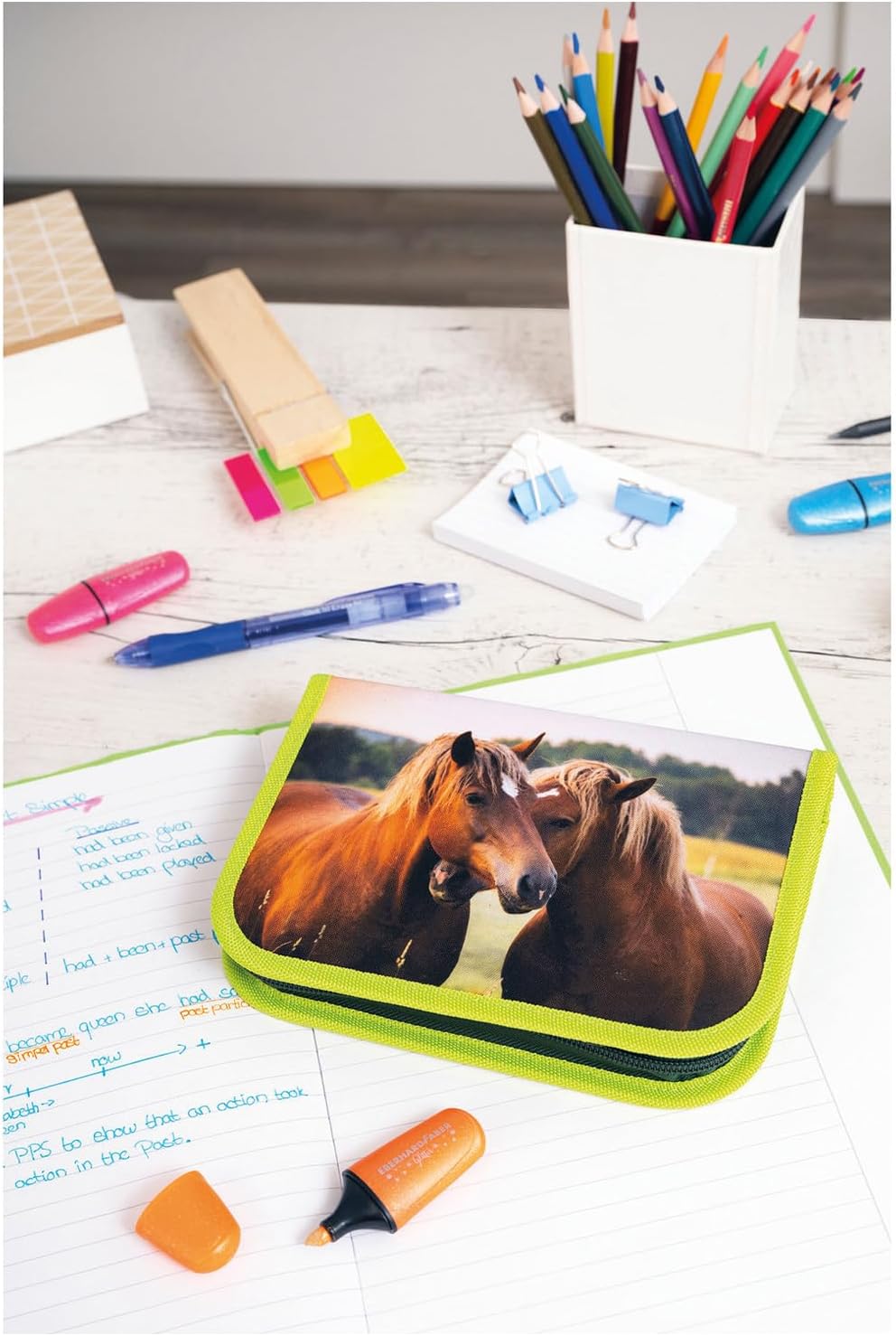 Eberhard Faber 577589 Horse Pencil Case Filled with 42 Writing and Drawing Utensils, Pencil Case with 2 Inner Flaps and Zip, 577589, Multi-Colour