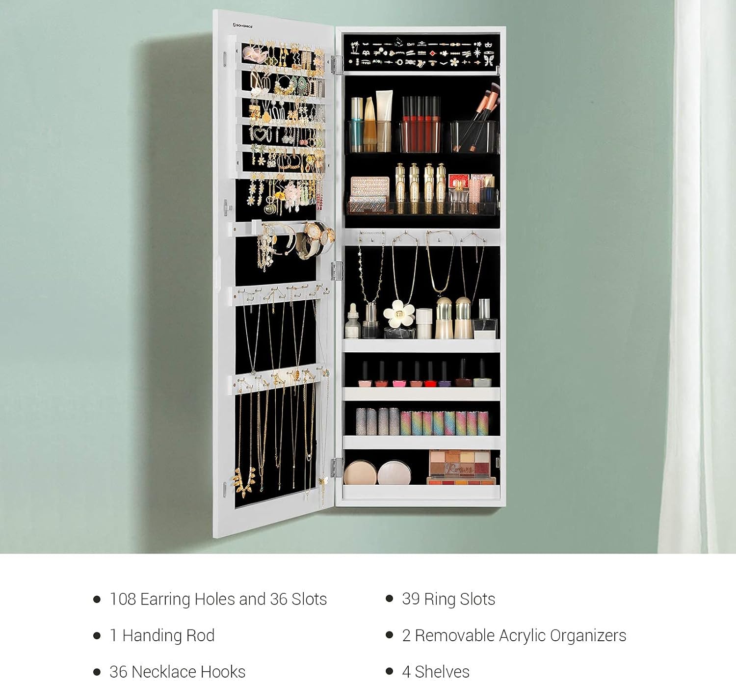 SONGMICS Mirror Jewelry Cabinet Armoire, Lockable Wall-Mounted Storage Organizer Unit with 2 Plastic Cosmetic Storage Trays, Full-Length Frameless Mirror, White UJJC001W01 : Everything Else