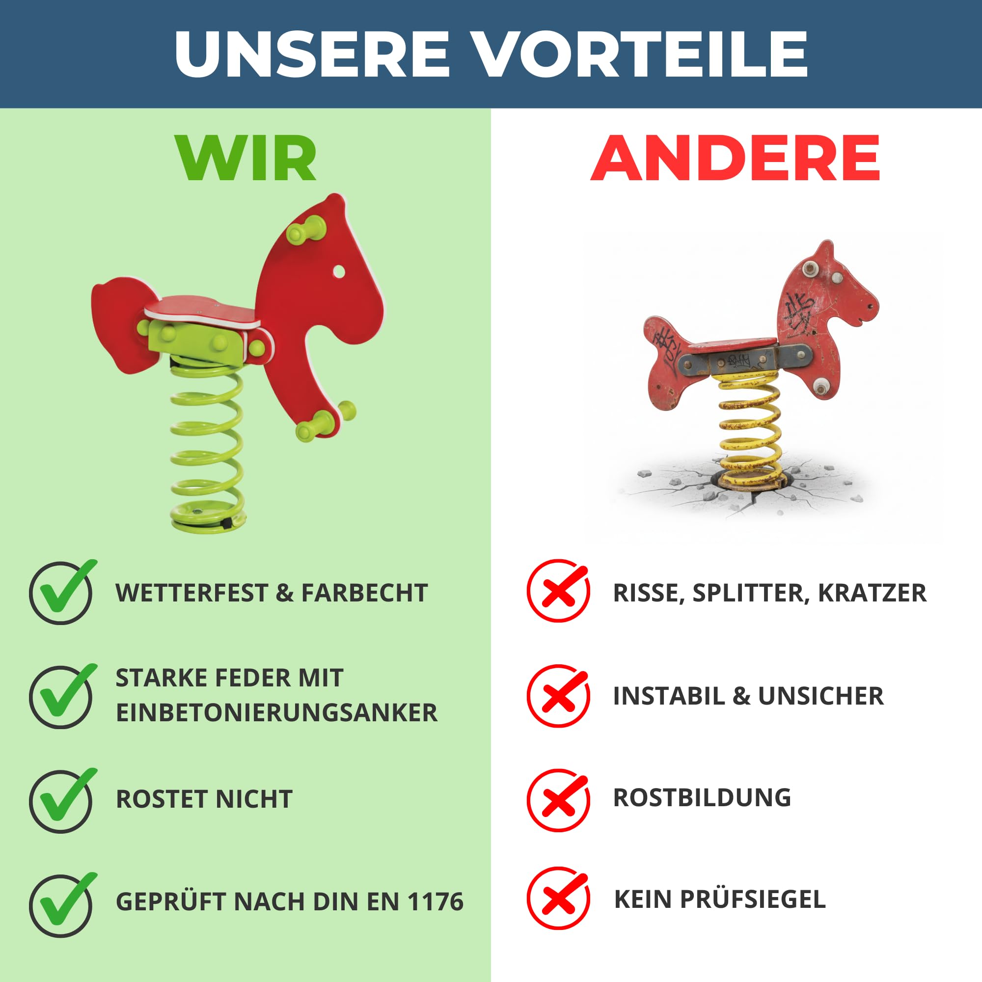 Federwippe Pony Schaukelwippe DIN EN 1176 geprüftes Wipptier | für öffentliche Spielplätze, Kindergarten und Kommunen aus HDPE Kunststoff Federtier inkl Bodenanker