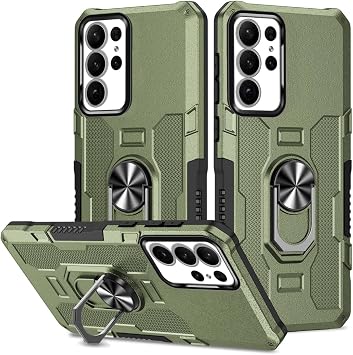 Samsung Galaxy S22 Ultra Metal CD Pattern Ring Holder Phone Case Shockproof Drop Protection Case Samsung S22 Ultra Military Case Support Car Holder Army Green
