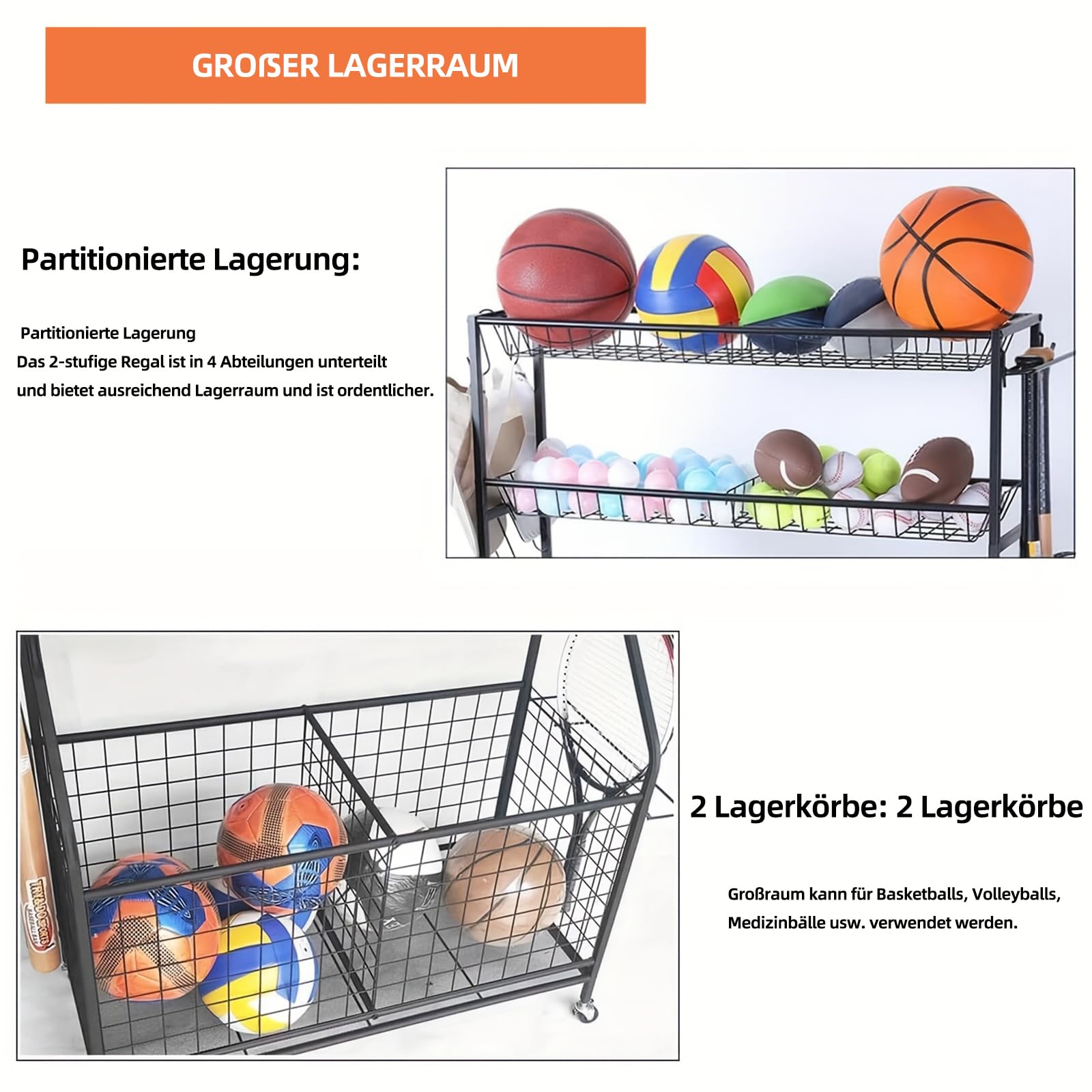 Sportgerätelagerregal aus Kohlenstoffstahl – 2 Körbe, 2 verschließbare Räder – Stabiler Organizer für Homegym, Garage, Schulsportartikel