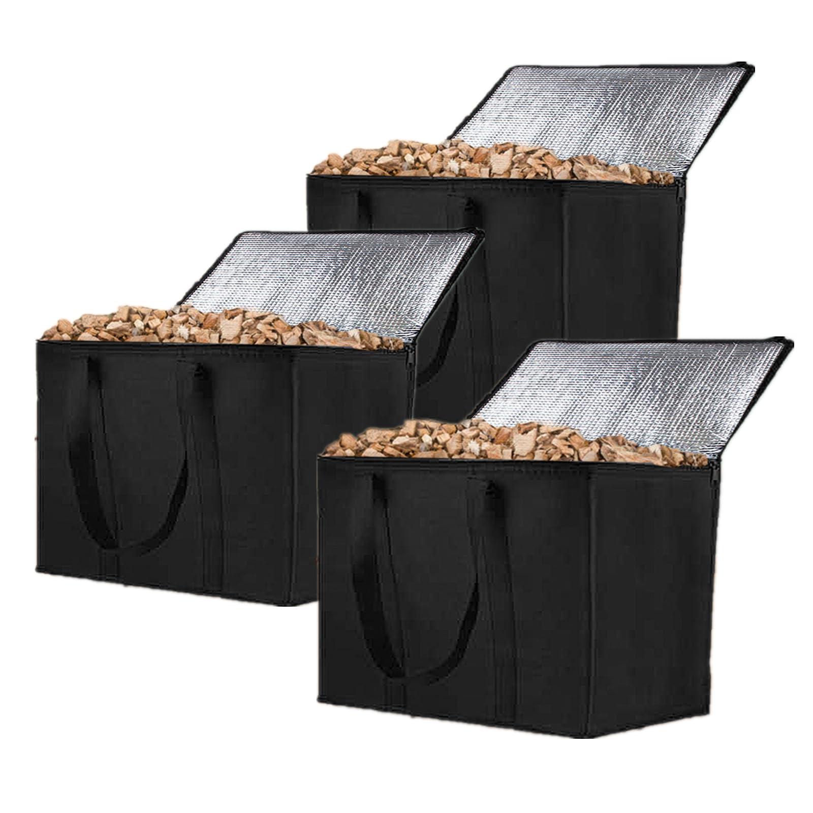 3Pcs Wood Pellet Storage Containers, 20lbs Black Wood Pellet Storage Containers, Durable Handles, Dual Tab Zips, for Smoker, Insulated Grocery Bags, Pellet Storage Container Outdoor Waterproof