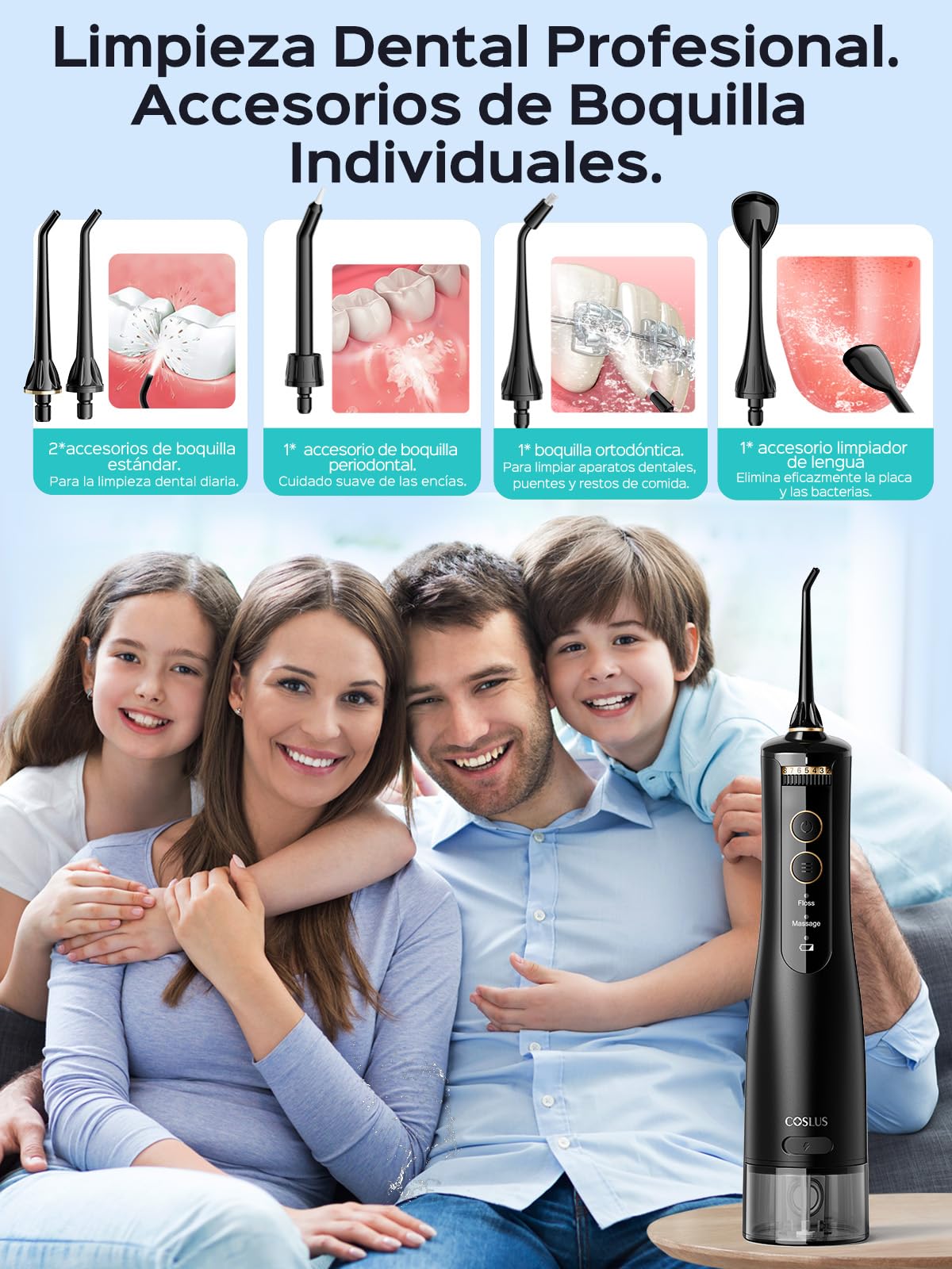 COSLUS E40 Irrigador Dental Inalambrico 2026 Upgraded Limpiador Dientes Eléctrico: 10 Niveles de Control Suave 300ML Irrigador Dental Portatil Recargable Irrigador Bucal a Prueba Agua (Negro)