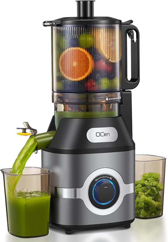 QCen Cold Press Juicer, 5.5 Wide Feed Chute Slow Masticating Juicer Machine for Whole Fruits and Vegetables, Easy to Clean (Gray)
