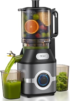 QCen Cold Press Juicer, 5.5 Wide Feed Chute Slow Masticating Juicer Machine for Whole Fruits and Vegetables, Easy to Clean (Gray)