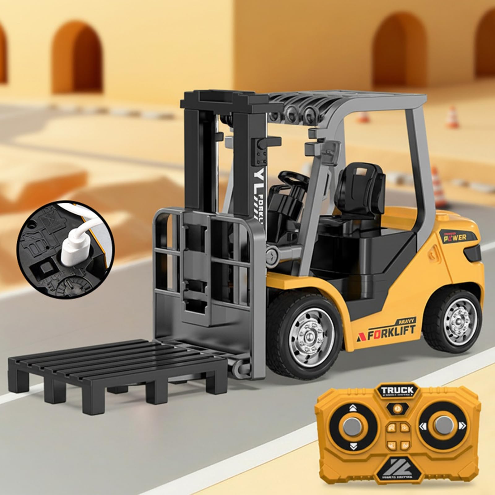 2set 1/64 Full Proportional RC Forklift Toy, Alloy Forklift Toy Car Model 2 in 1 Transformable Lift Fork & Hook Engineering Vehicle Tabletop Toys with Lights & Sounds Gifts for 4+ Kids