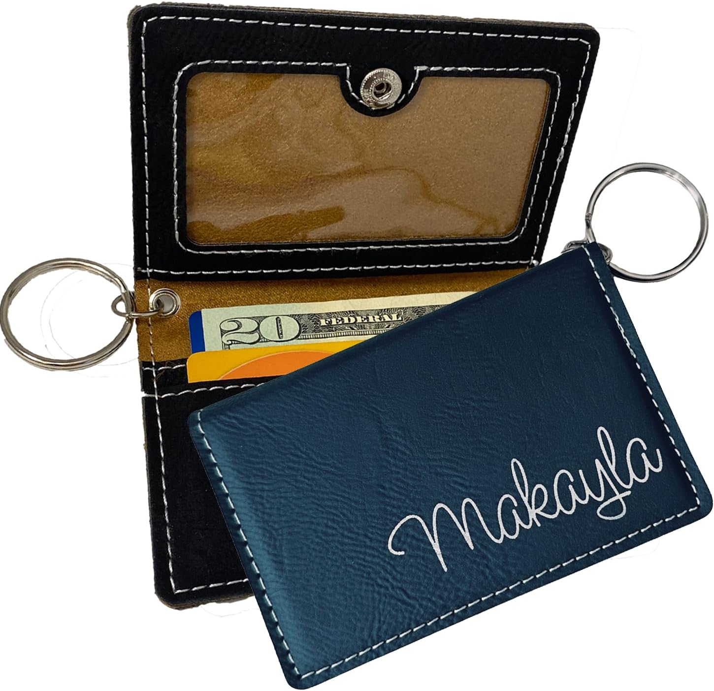 Personalized Keychain Wallet with Name (18 Font Choices), Custom Engraved Vegan Leather (Choice of Color), ID Card Holder