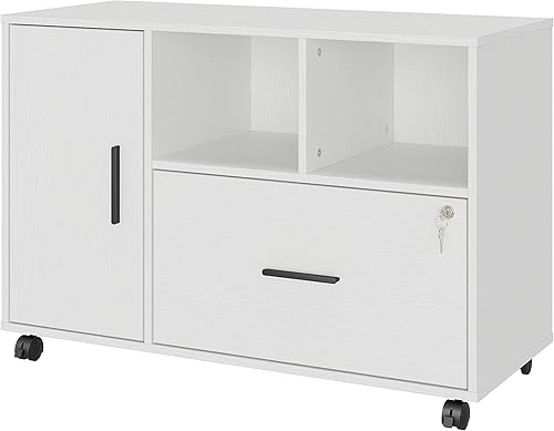 Archivador de madera con cerradura, archivador lateral de oficina de 1 cajón con ruedas, soporte de impresora móvil con estante de almacenamiento