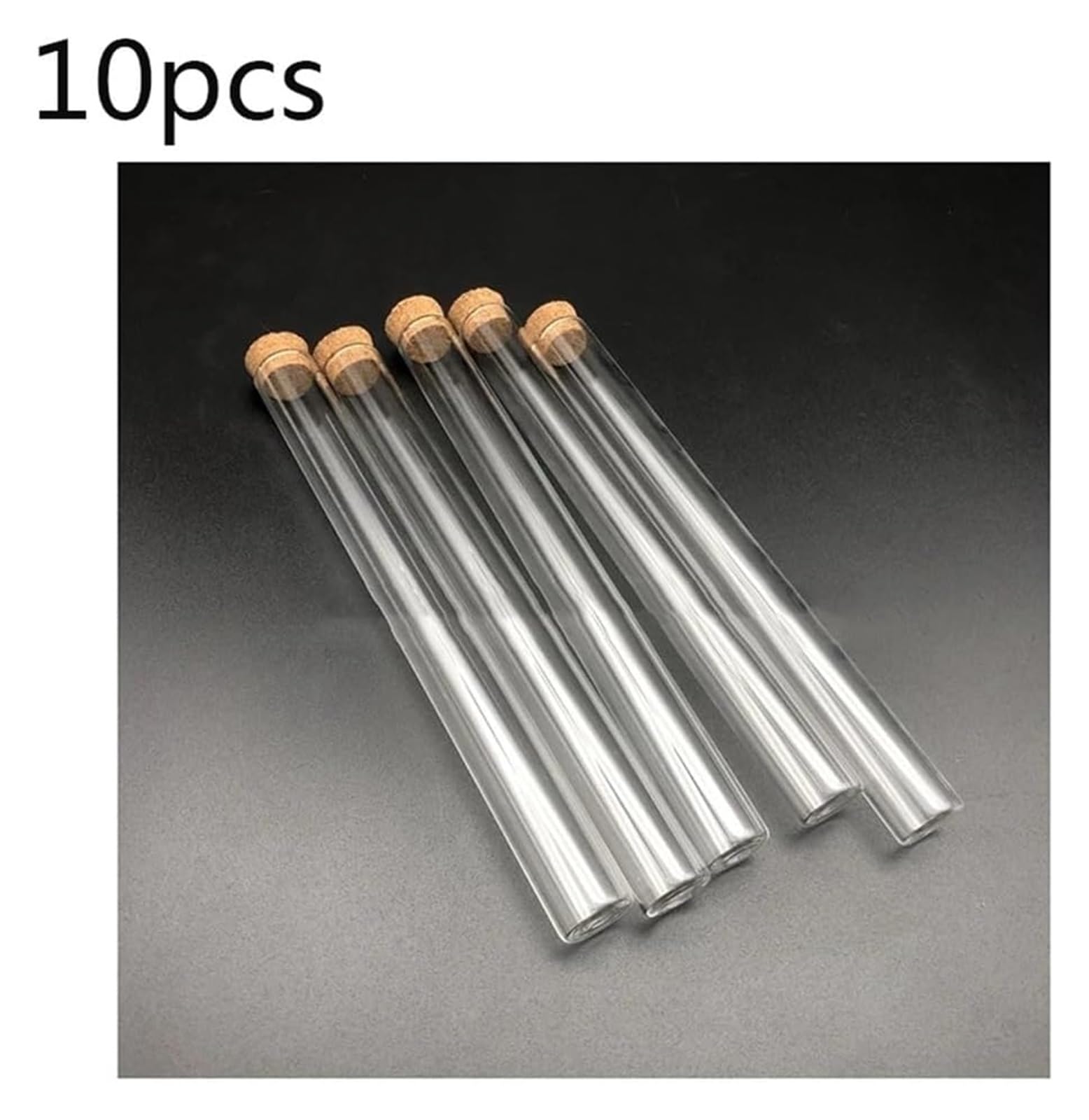 Przezroczyste szklane probówki, Z korkiem z naturalnego korka. Wiele rozmiarów. Przezroczysta szklana tuba płaskim dnem. Opakowania wielokrotne(30x200mm 10pcs)