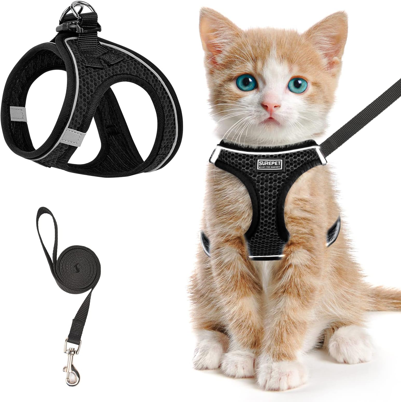 SALFSE Cat Harness and Leash for Walking Escape Proof, Adjustable Kitten Vest Harness Reflective Soft Mesh Puppy Harness for Outdoor, Comfort Fit, Easy to Control (Black, XXS)