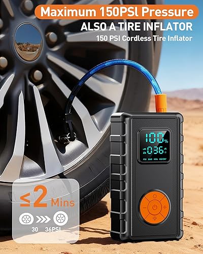 Miniatura 3 de Arrancador de salto con compresor de aire, arrancador de batería de coche 8.0 Gas7.0L diésel, caja de salto portátil, arrancador de coche portátil