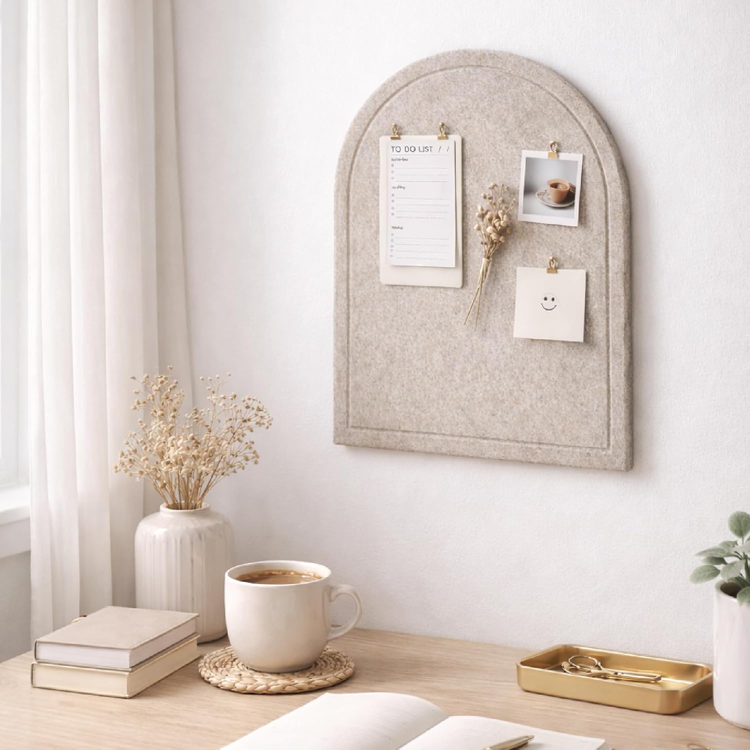 Orelle Mini Arch Felt Bulletin Board | Foldable Peel and Stick Felt Board for Wall | Alternative Cork Board for Office, Vision Board, Kids Art Display | Arched Wall Decor | 13 x 17”| Beige