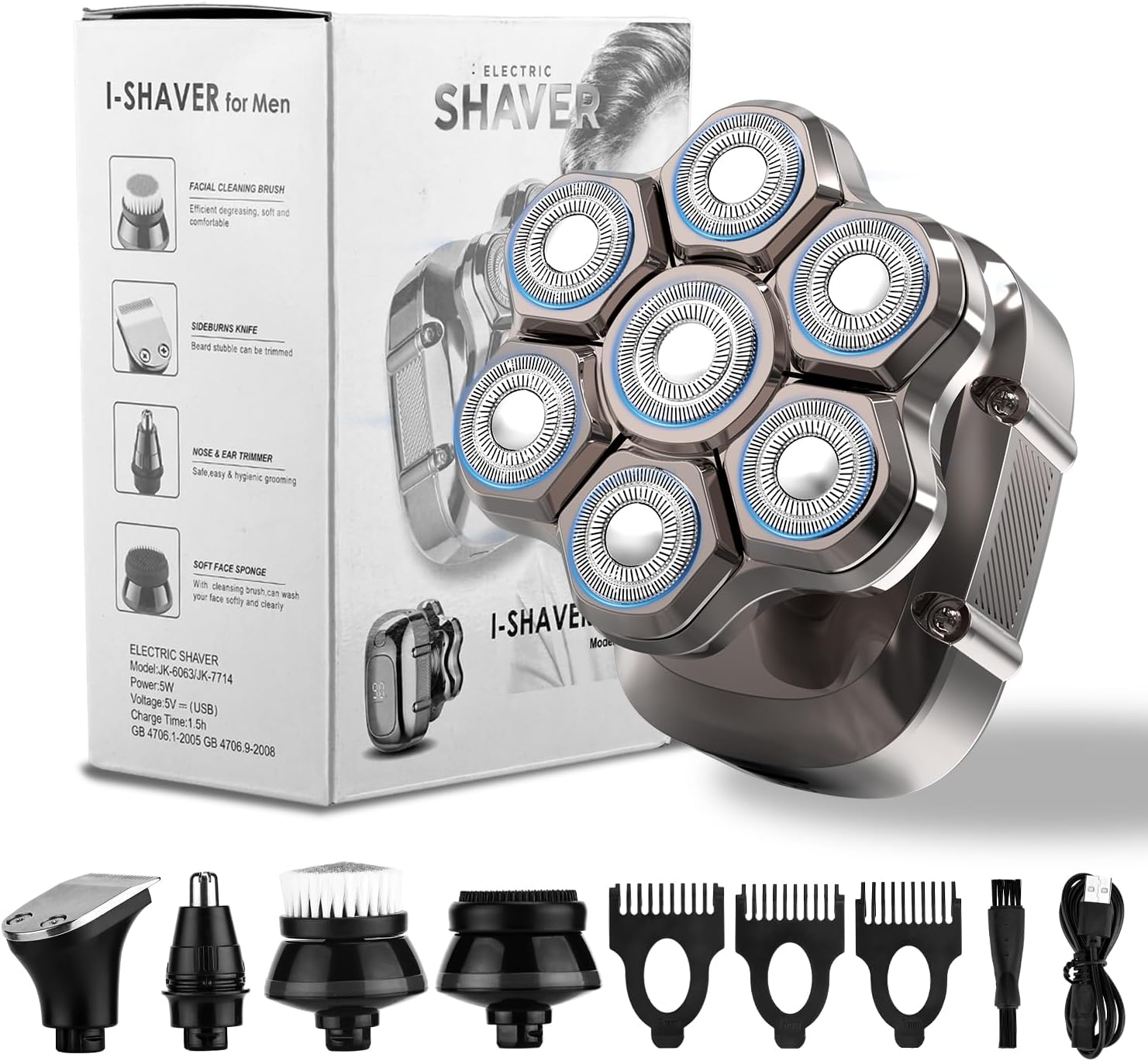 PROHMSIDEA® -7D Head Shavers, Detachable Magnetic Blades, 5-in-1 Electric Razor, IPX7 Waterproof, Wet/Dry Skull Bald Head Back&Groin Waterproof Razor with Rotary Blades, Clippers, Nose Trimmer,Brush