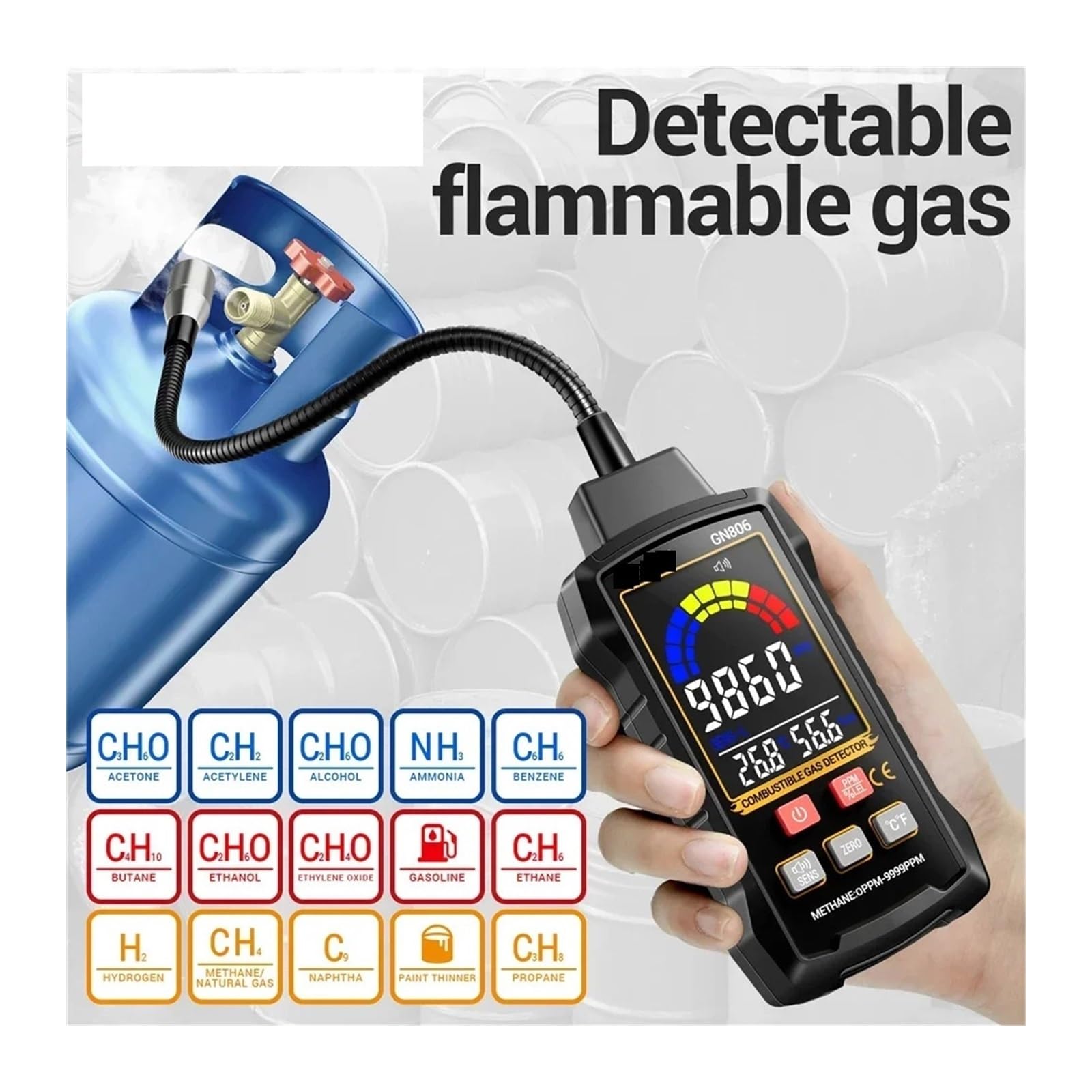 Detector de Gases, Detector de Fugas Gas, analizador, metano, inflamable, 9999 PPM, Combustible Natural, probador, Pantalla LCD, Alarma Sonora y Luminosa, LEL